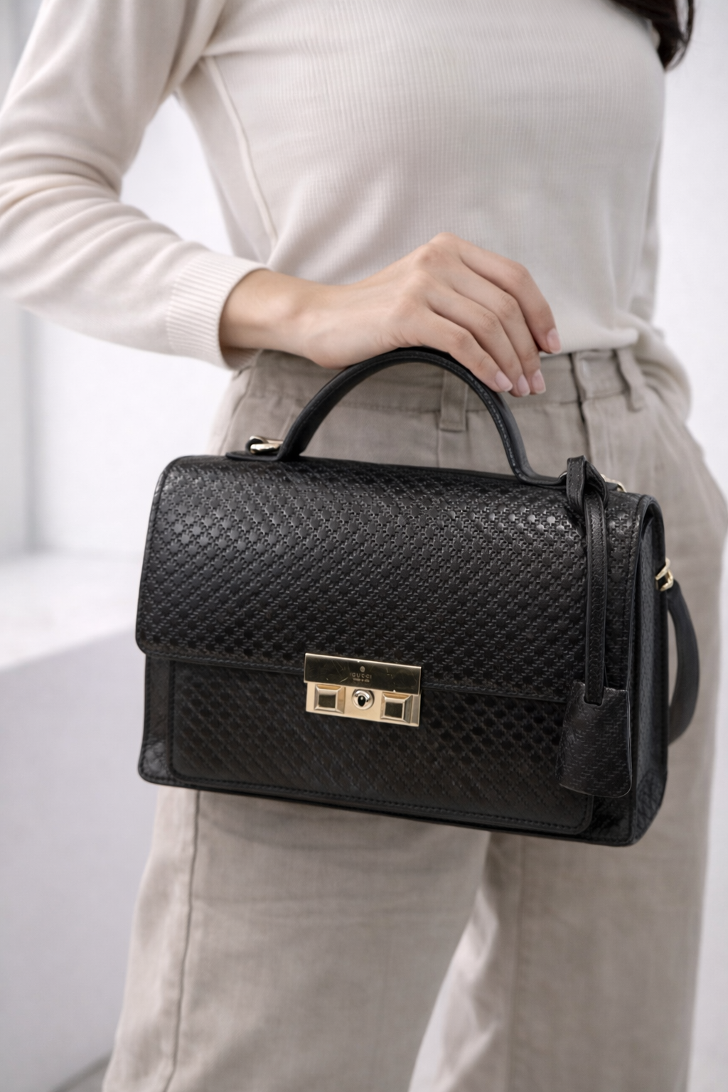 Gucci Diamante Embossed Top Handle Bag – Black Leather