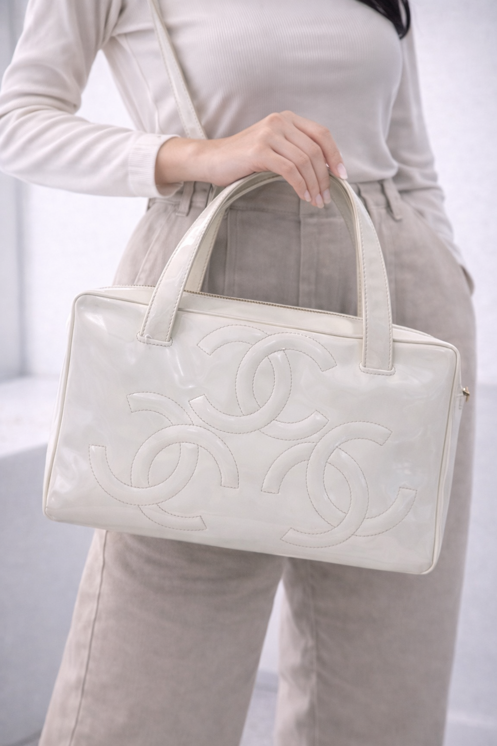 Vintage Chanel Patent Leather Triple CC Tote Bag – White