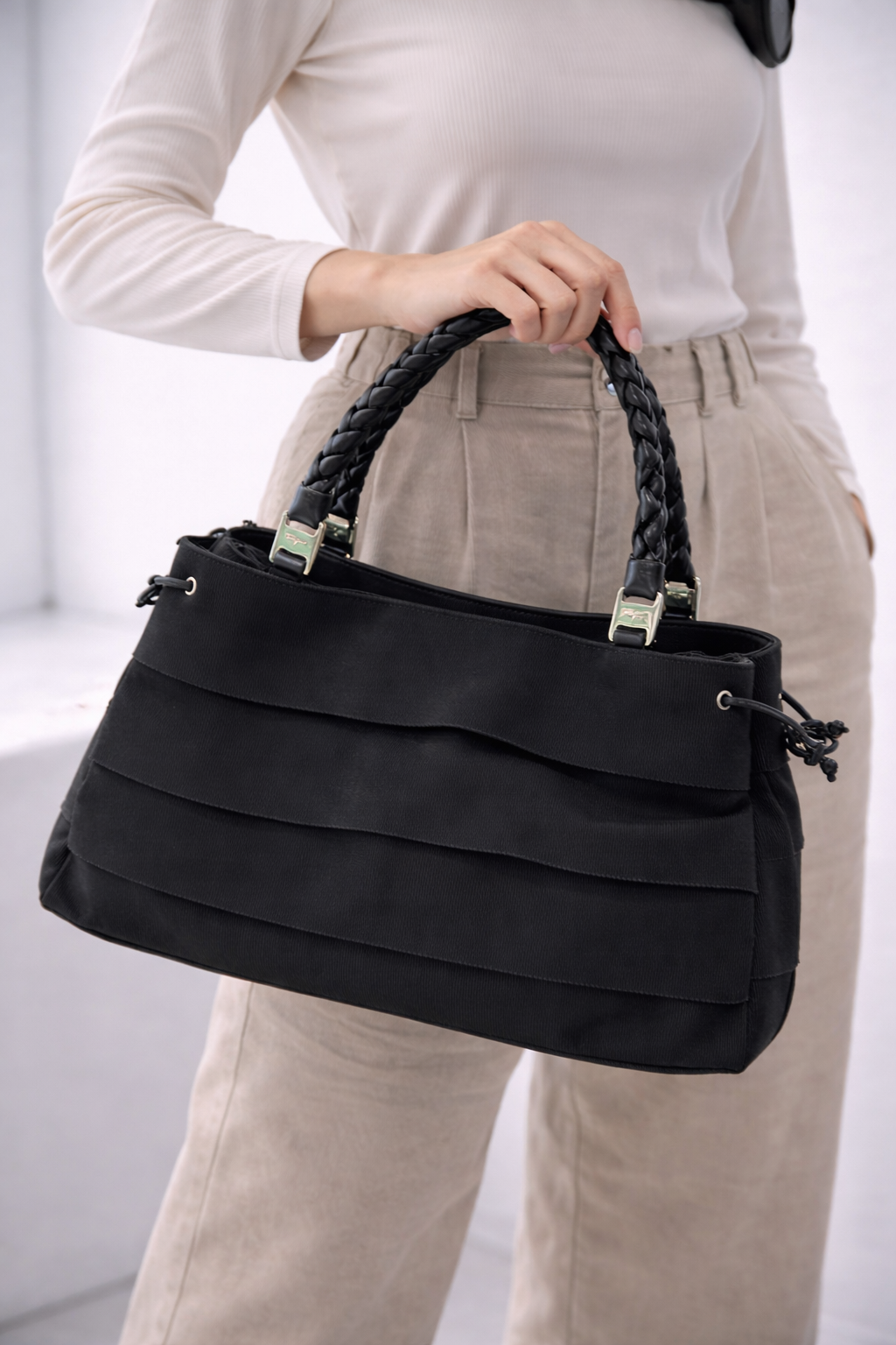 Salvatore Ferragamo Tiered Nylon Tote Bag with Braided Leather Handle – Black