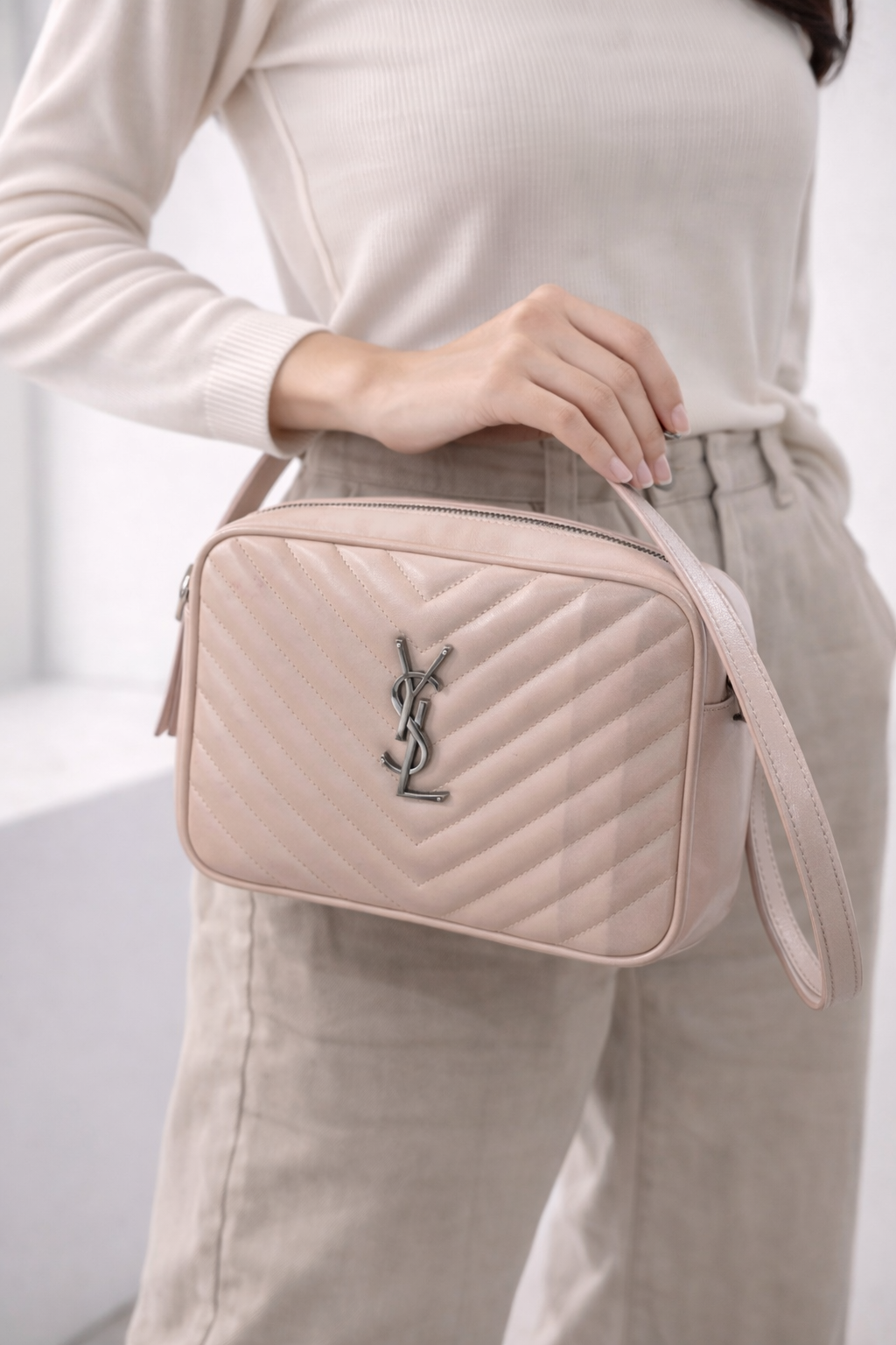 Saint Laurent Lou Camera Bag – Washed Light Pink Calfskin Leather