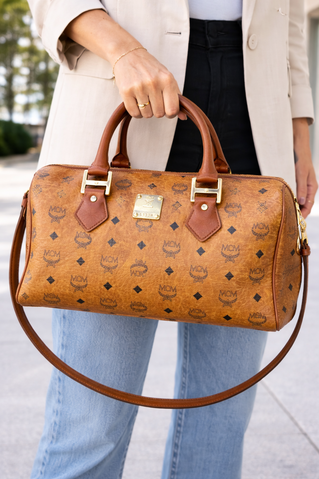 MCM Visetos Leather Boston Satchel Bag – Cognac Brown | Authentic Designer Handbag