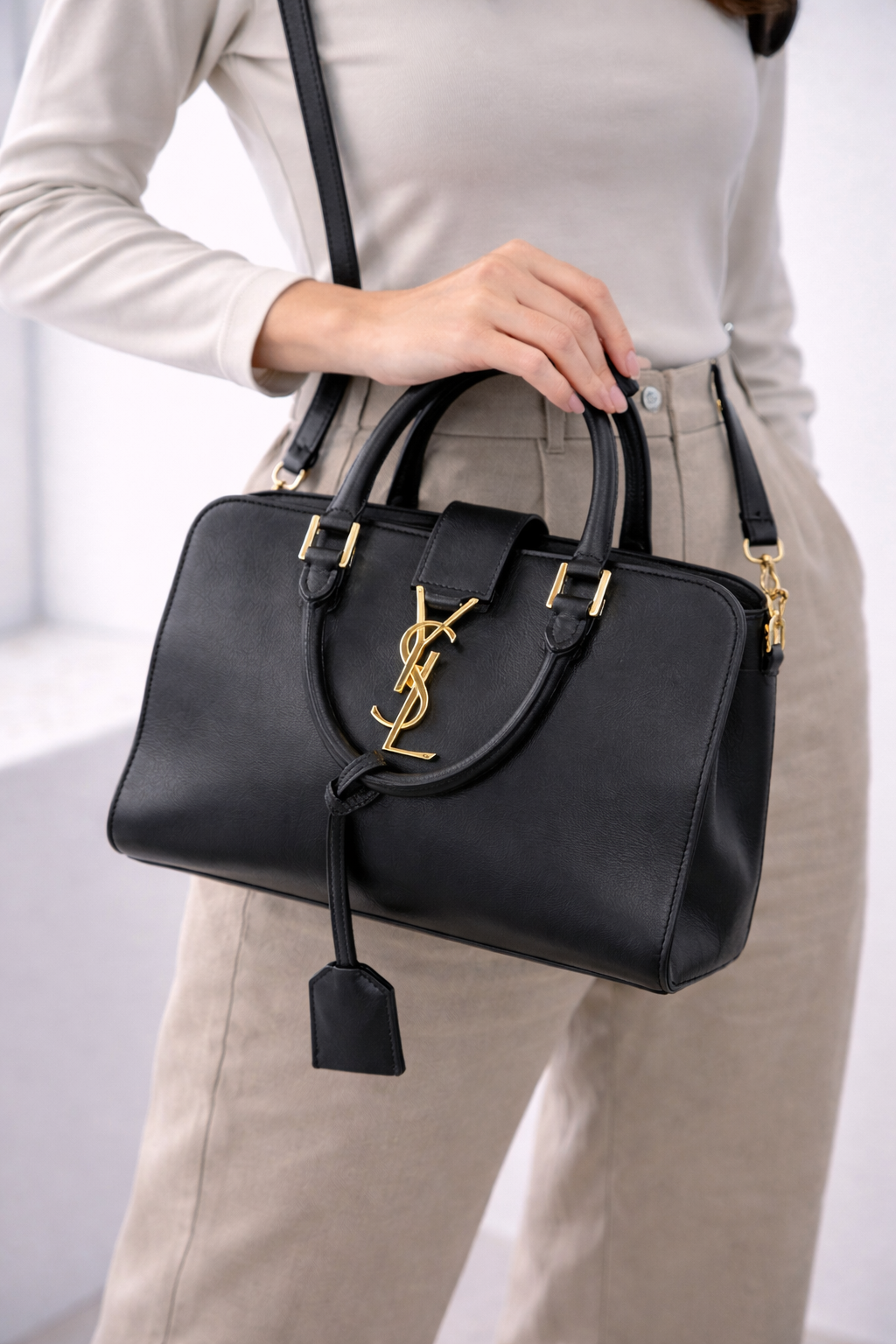 Saint Laurent Monogram Baby Cabas Bag – Black Calfskin Leather with Gold Hardware