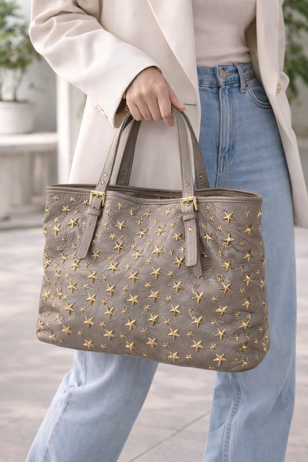 Jimmy Choo Sasha Star-Studded Tote | Gray Leather Shoulder Bag