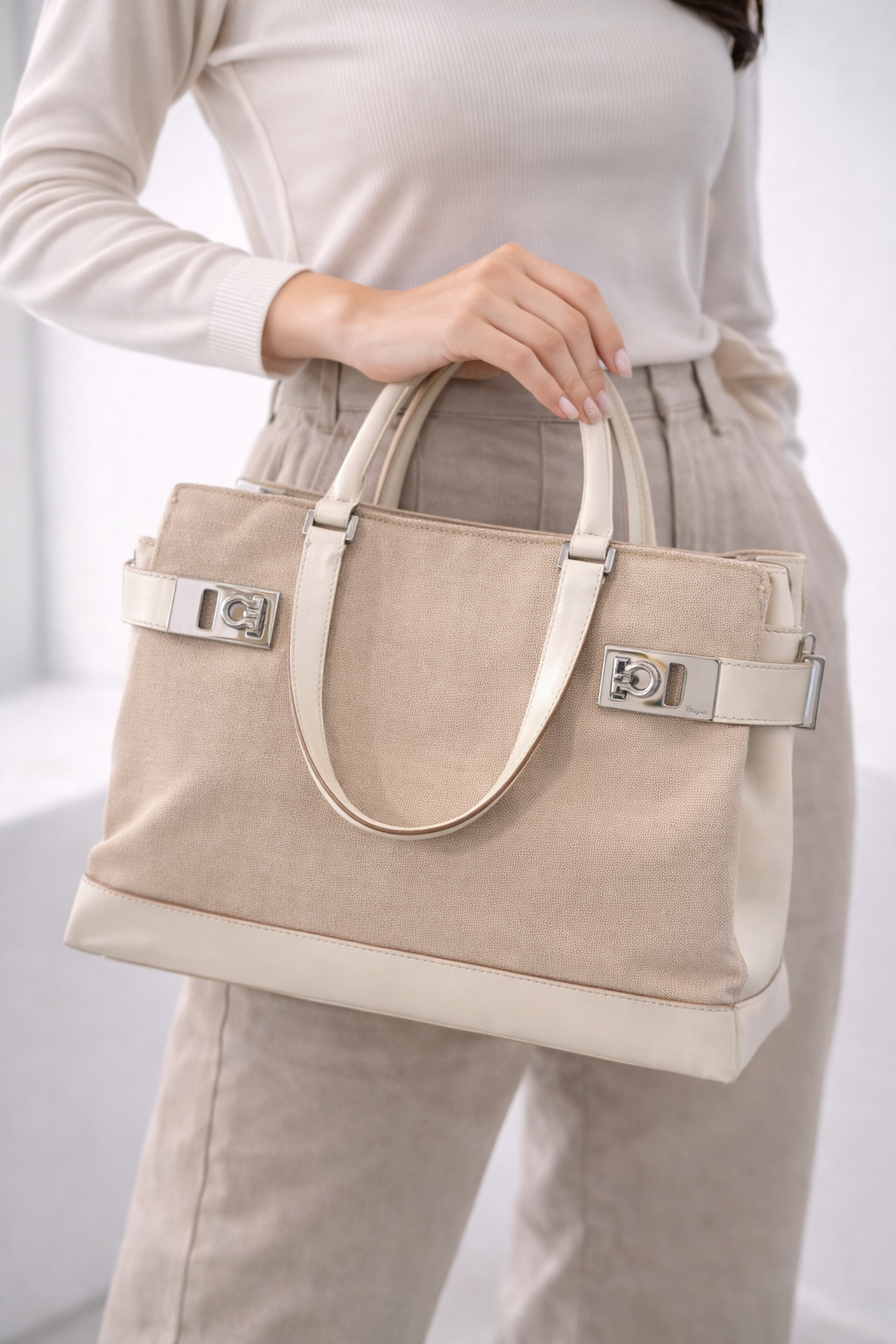 Salvatore Ferragamo Gancini Canvas & Leather Tote Bag – Beige & Cream