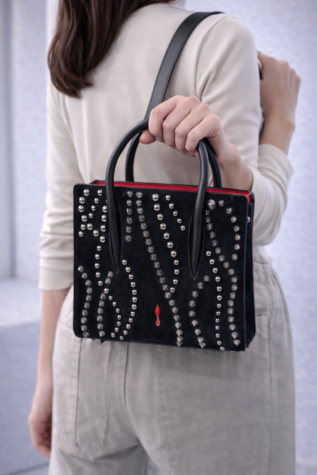 Christian Louboutin Paloma Mini Studded Tote – Black Velour & Leather