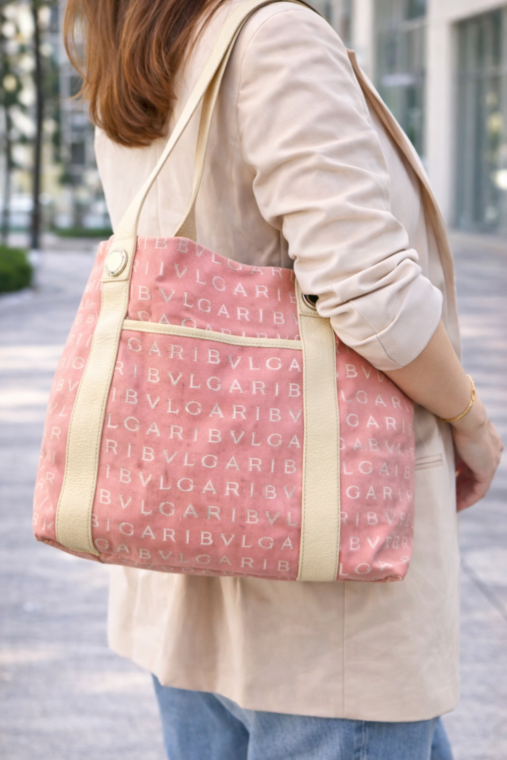 BVLGARI Pink Logo Canvas Tote Bag with Leather Handles