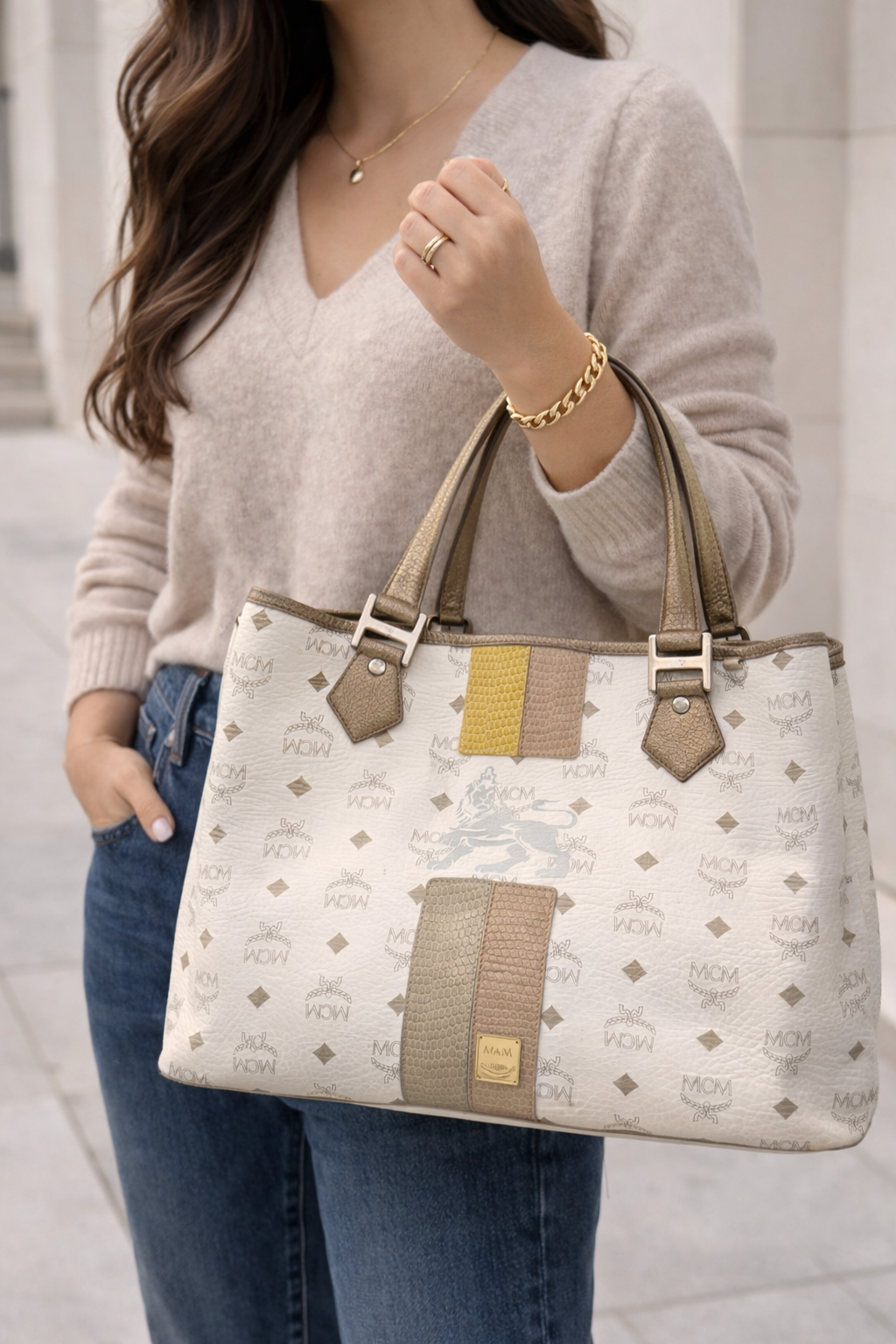 Authentic MCM White Visetos Leather Tote Bag