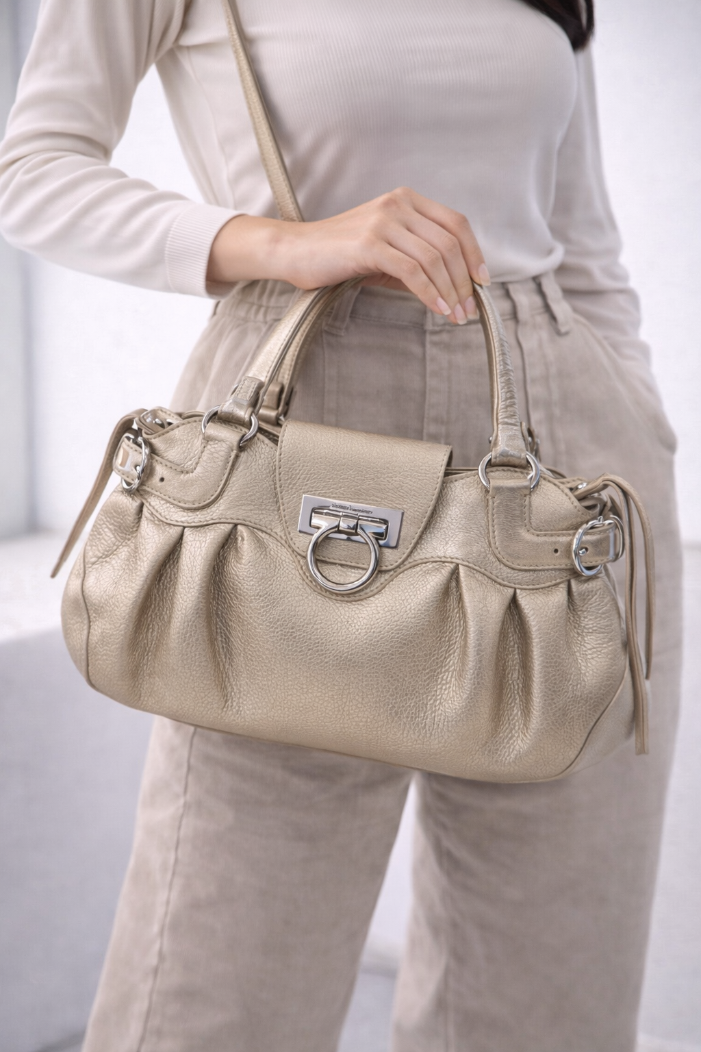Salvatore Ferragamo Gancini Marisa Shoulder Bag – Metallic Gold Leather