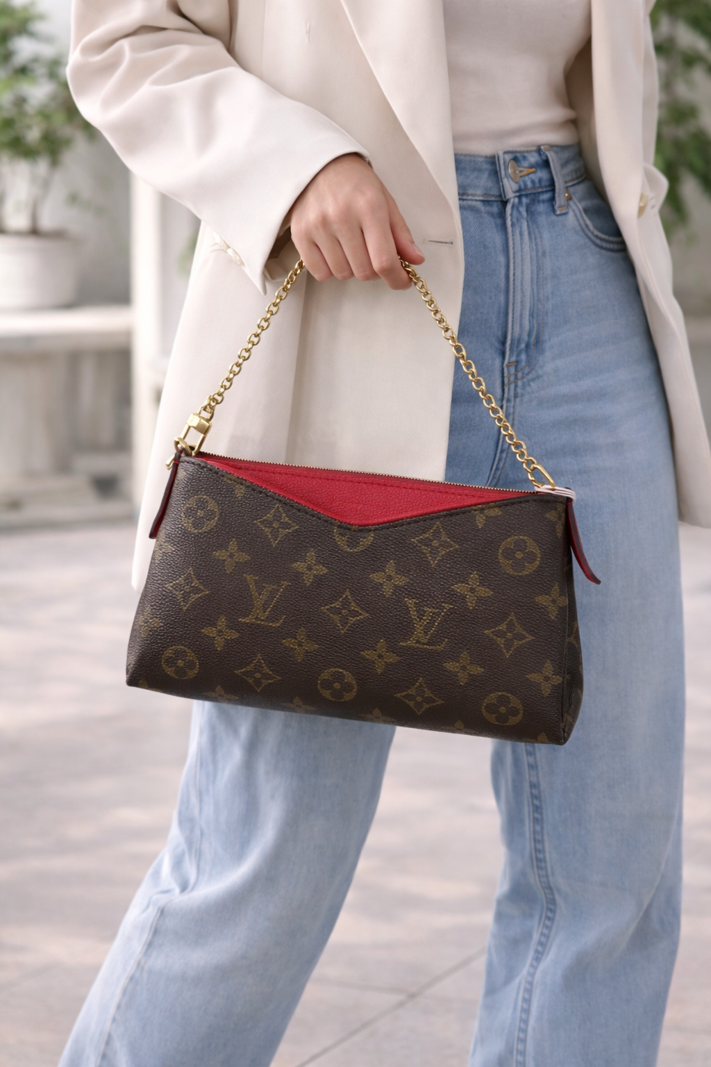 Louis Vuitton Monogram Pallas Clutch – Cherry Red Leather Trim & Gold Chain
