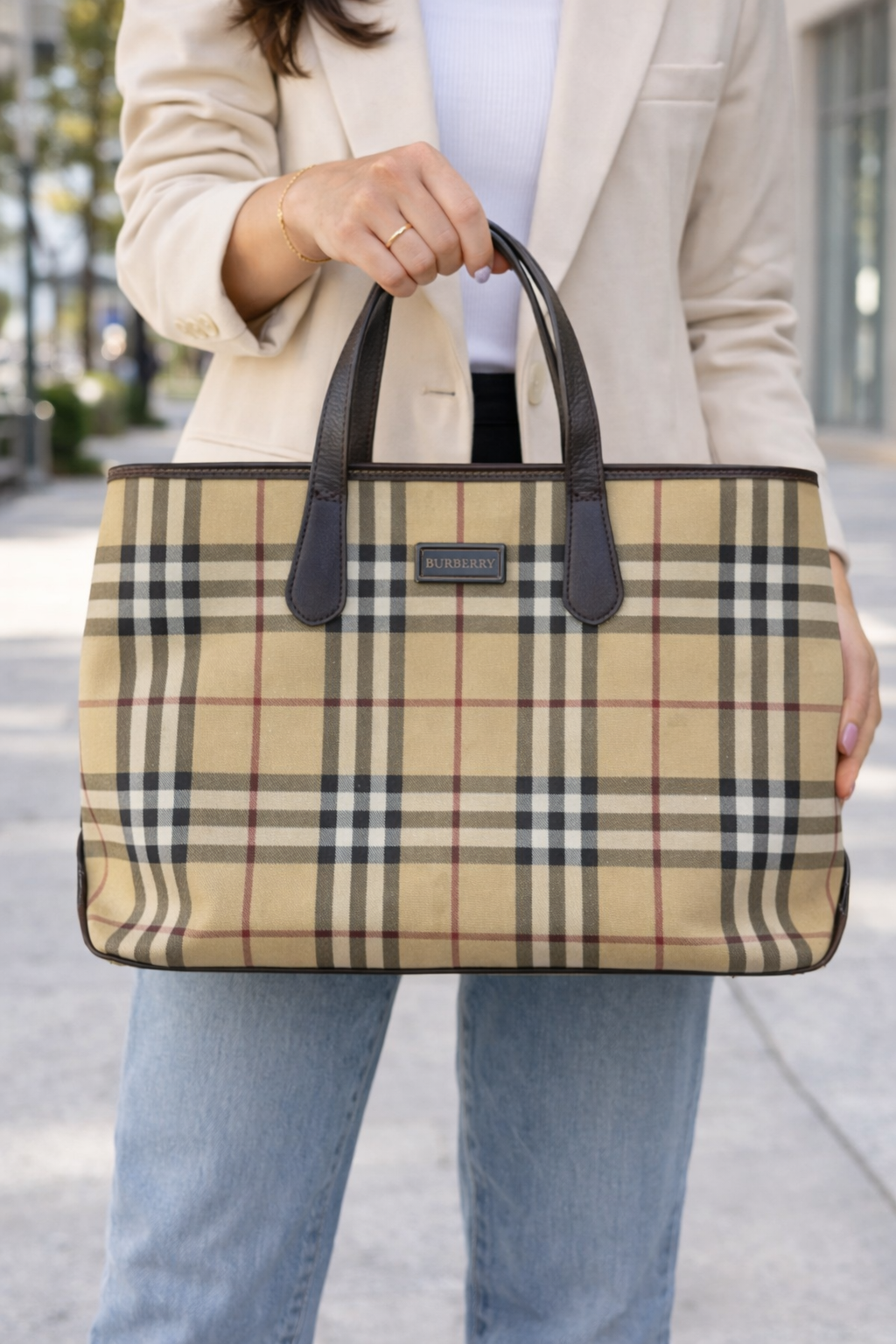 Burberry Nova Check Canvas Tote Bag with Leather Handles | Authentic Designer Handbag