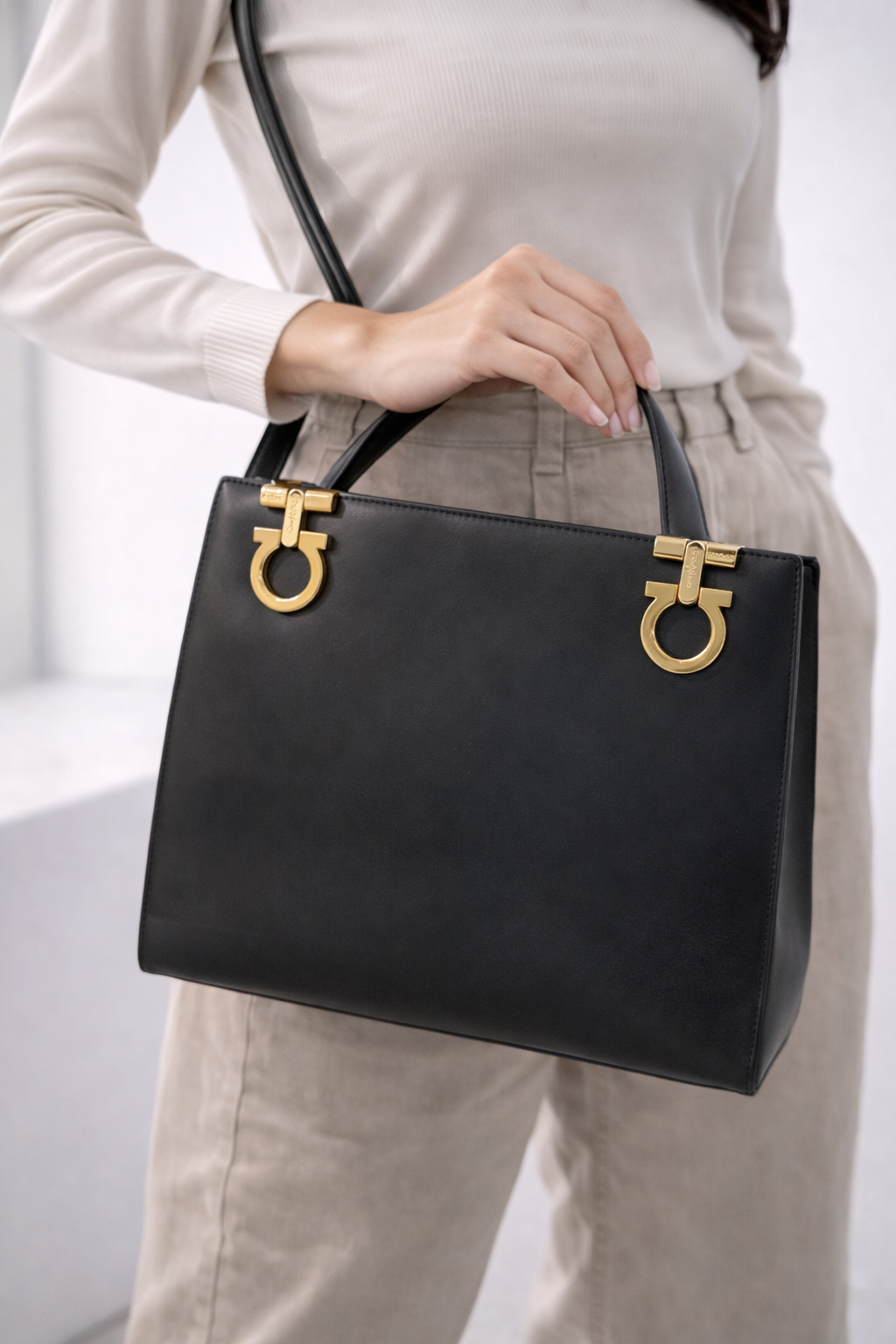 Salvatore Ferragamo Black Leather Gancini Shoulder Bag with Gold-Tone Hardware