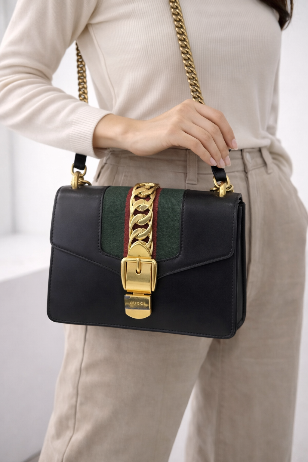 Gucci Sylvie Small Shoulder Bag Black Leather with Green & Red Web Stripe