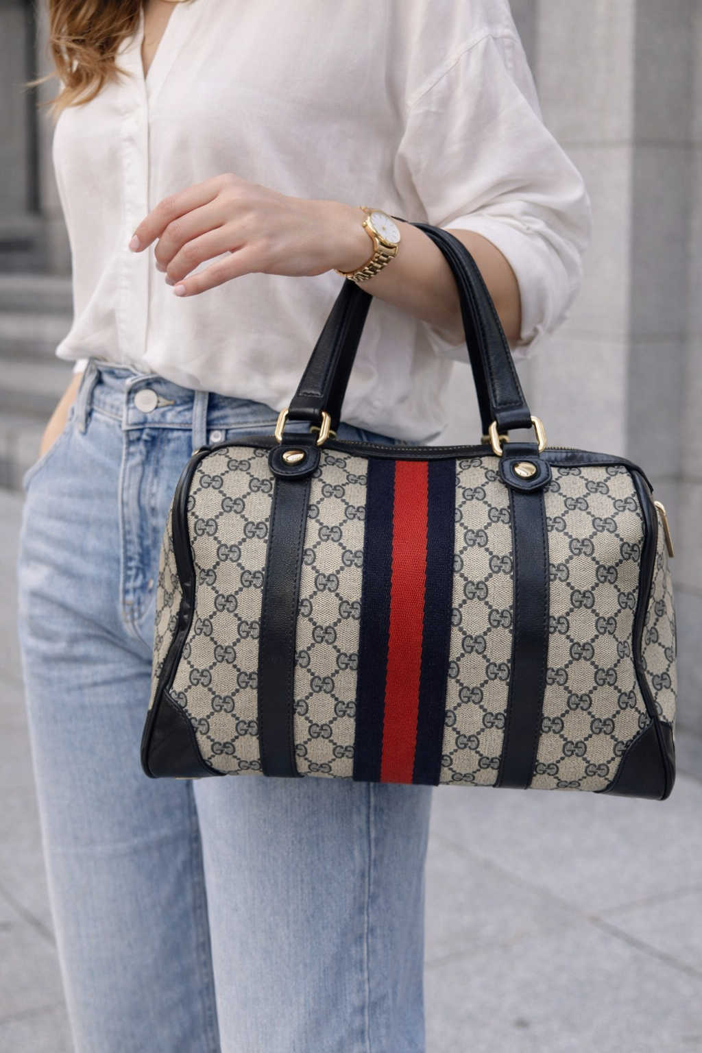 Gucci GG Canvas Web Boston Bag – Beige & Ebony with Black Leather Trim