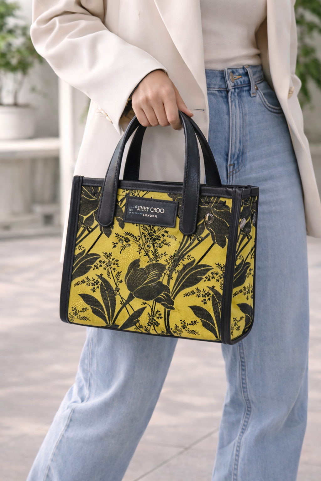 Jimmy Choo Mini Floral Canvas Tote | Black & Yellow Print with Leather Trim