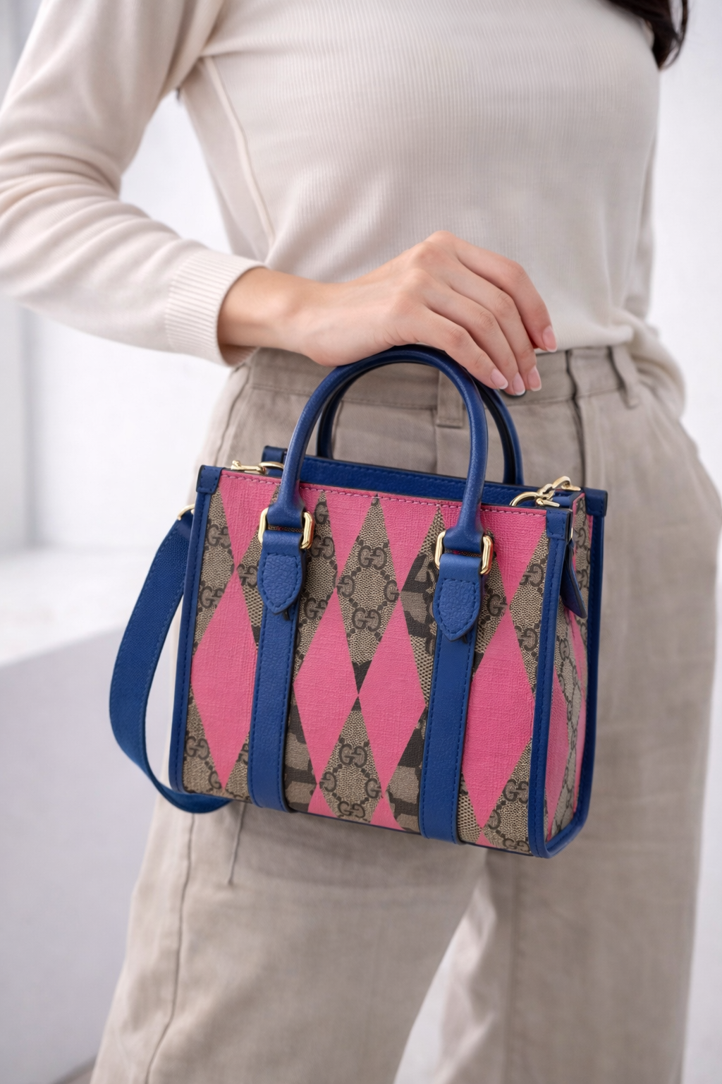 Gucci GG Supreme Monogram Rhombus Mini Tote Bag – Pink & Blue