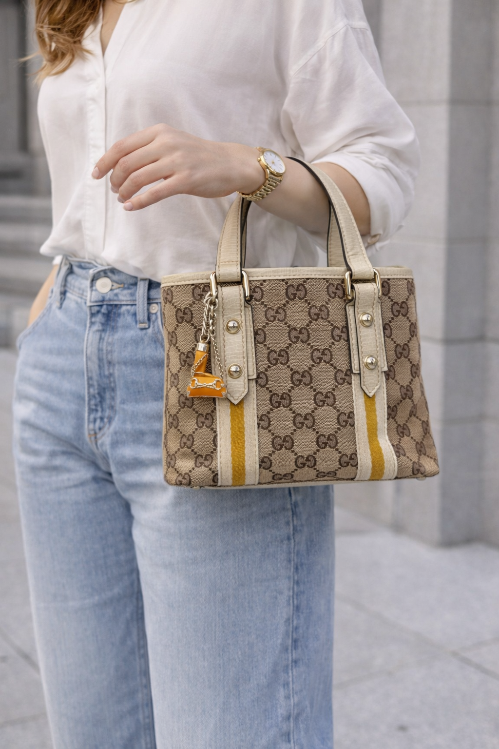 Gucci GG Canvas Small Tote with Web Stripe – Beige/Brown