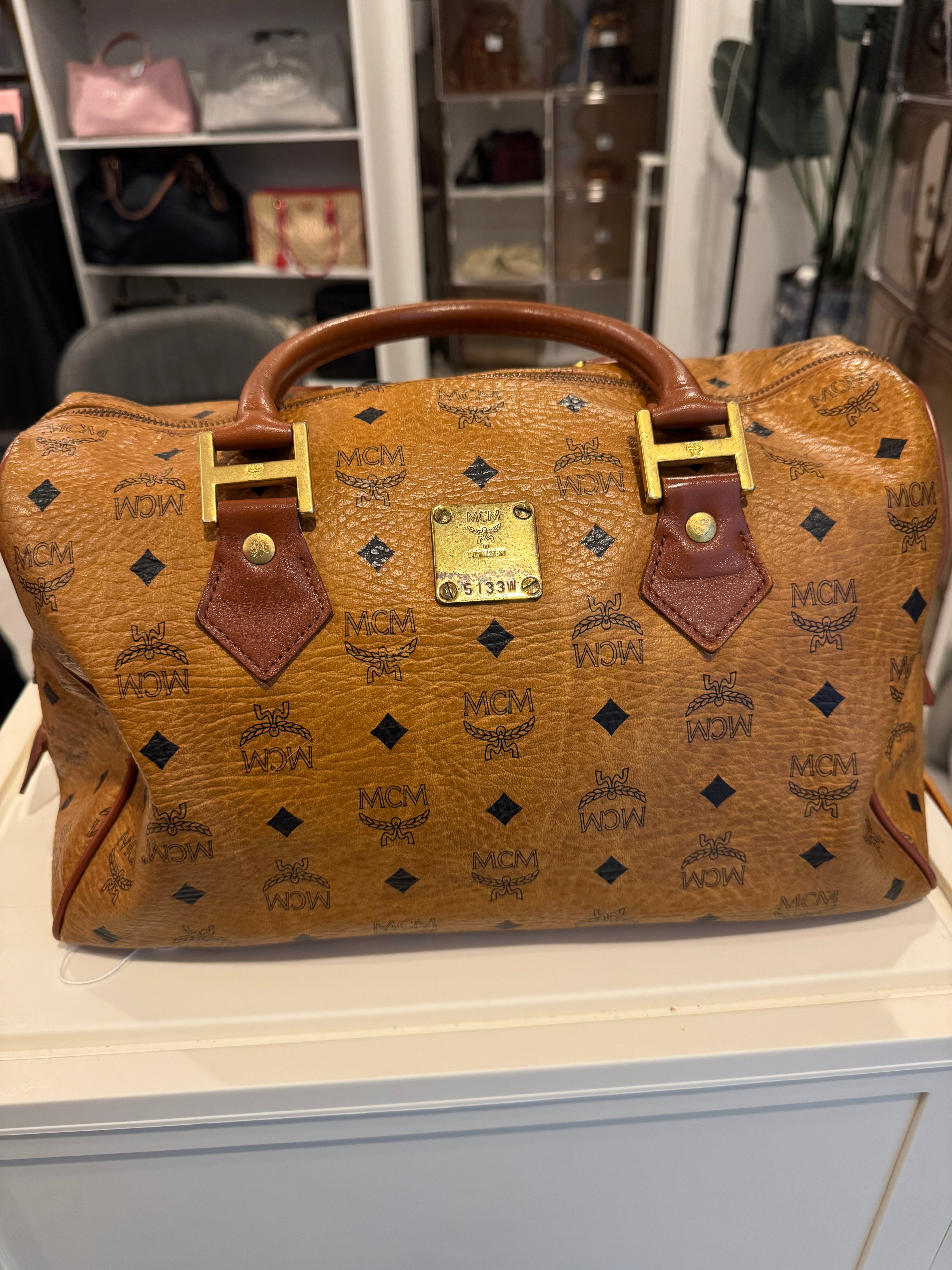 MCM Visetos Leather Boston Satchel Bag – Cognac Brown | Authentic Designer Handbag