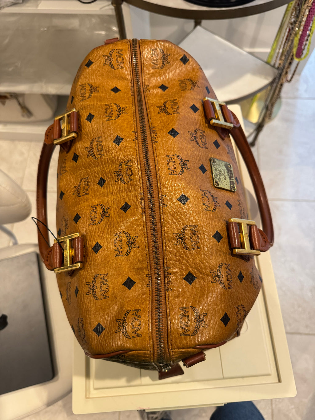MCM Visetos Leather Boston Satchel Bag – Cognac Brown | Authentic Designer Handbag