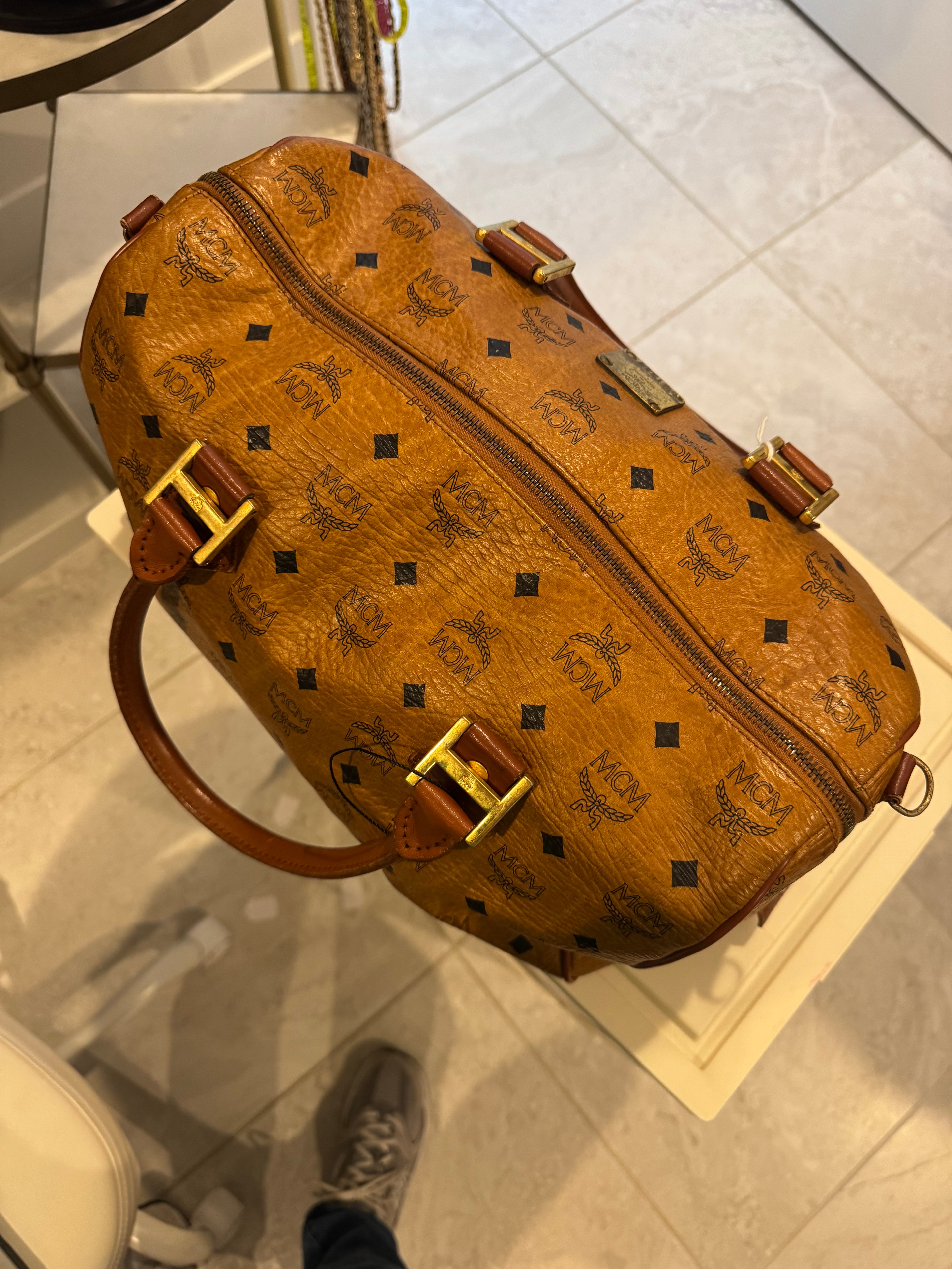 MCM Visetos Leather Boston Satchel Bag – Cognac Brown | Authentic Designer Handbag