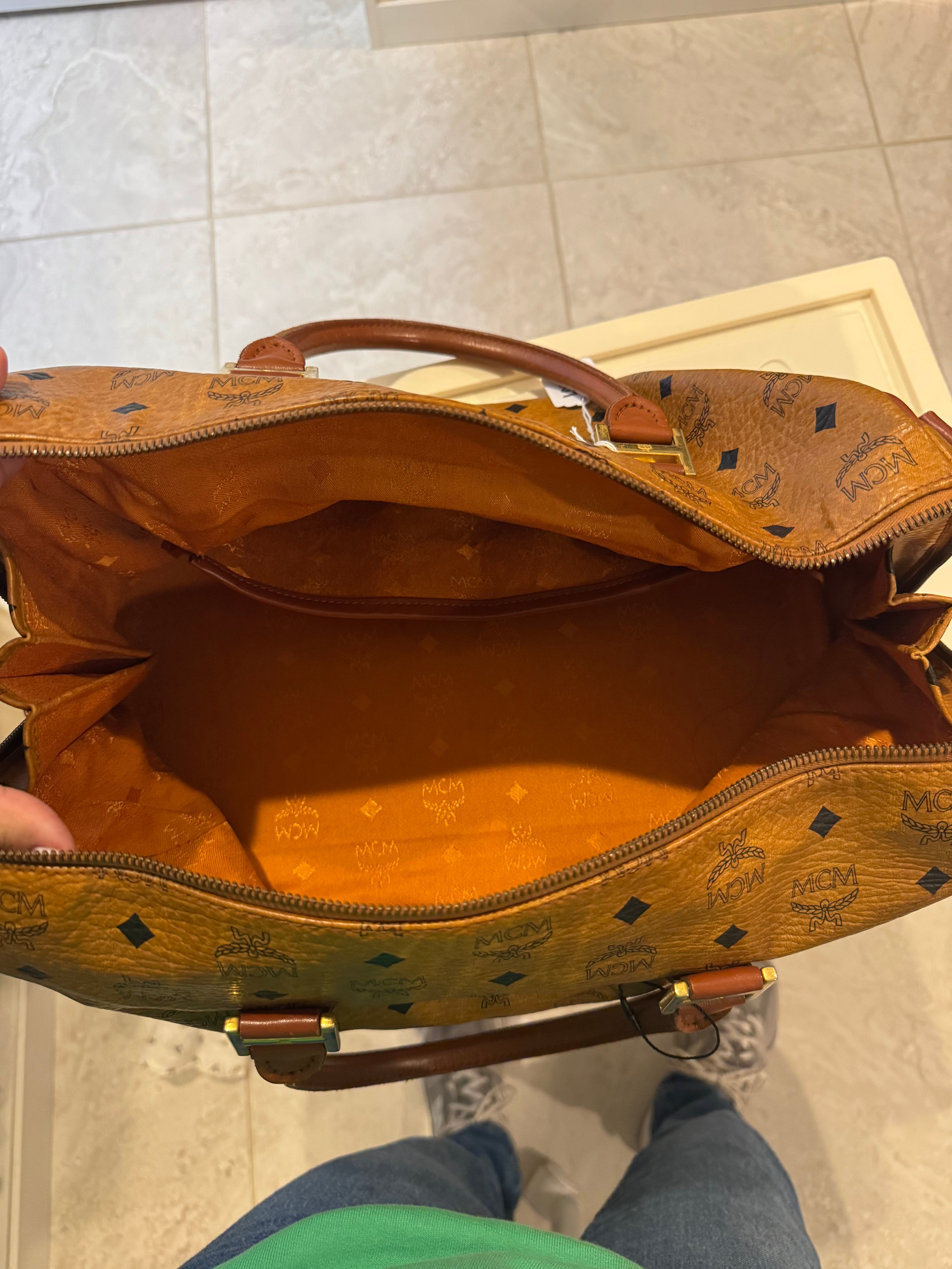 MCM Visetos Leather Boston Satchel Bag – Cognac Brown | Authentic Designer Handbag