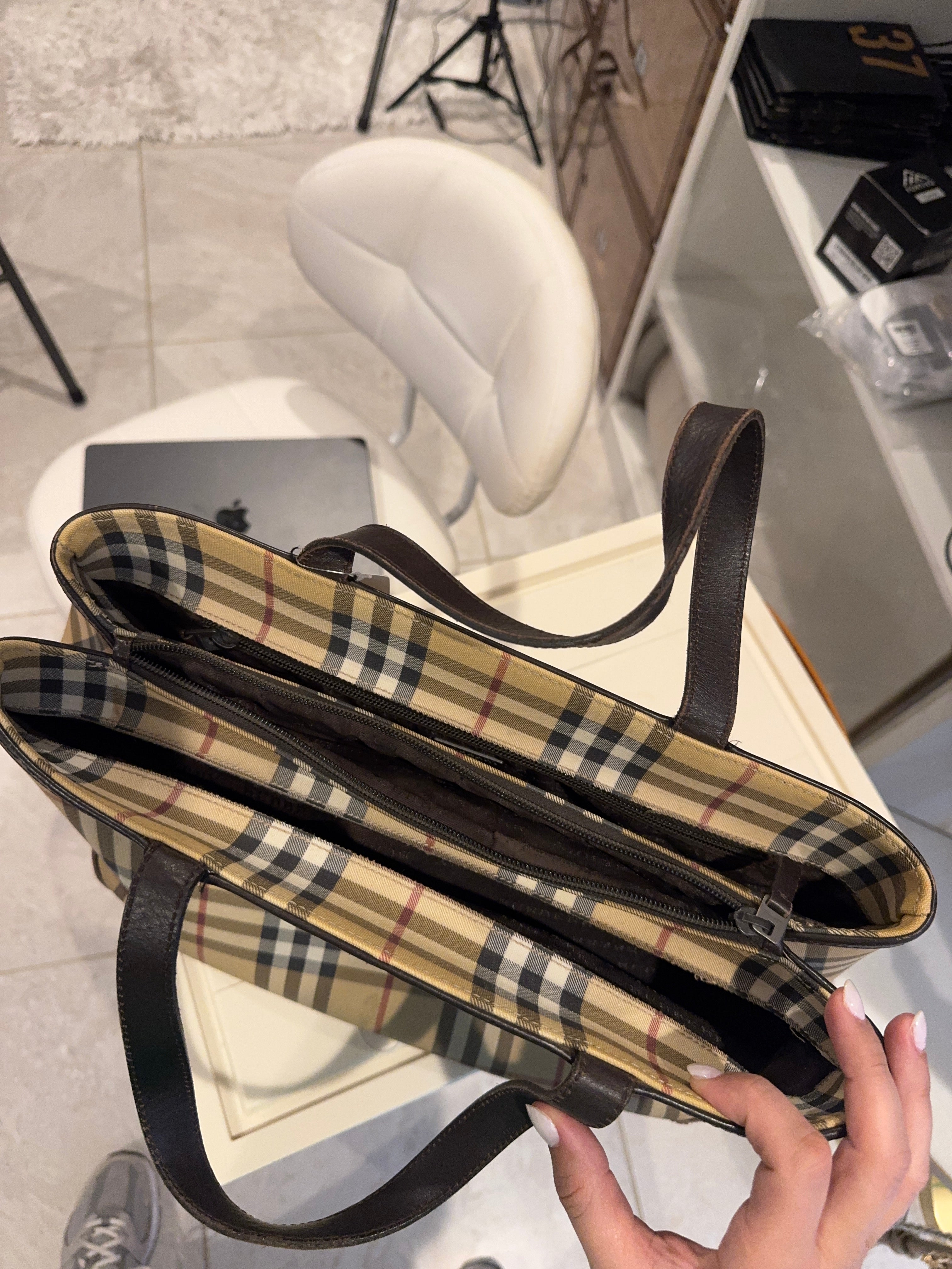 Burberry Nova Check Canvas Tote Bag with Leather Handles | Authentic Designer Handbag