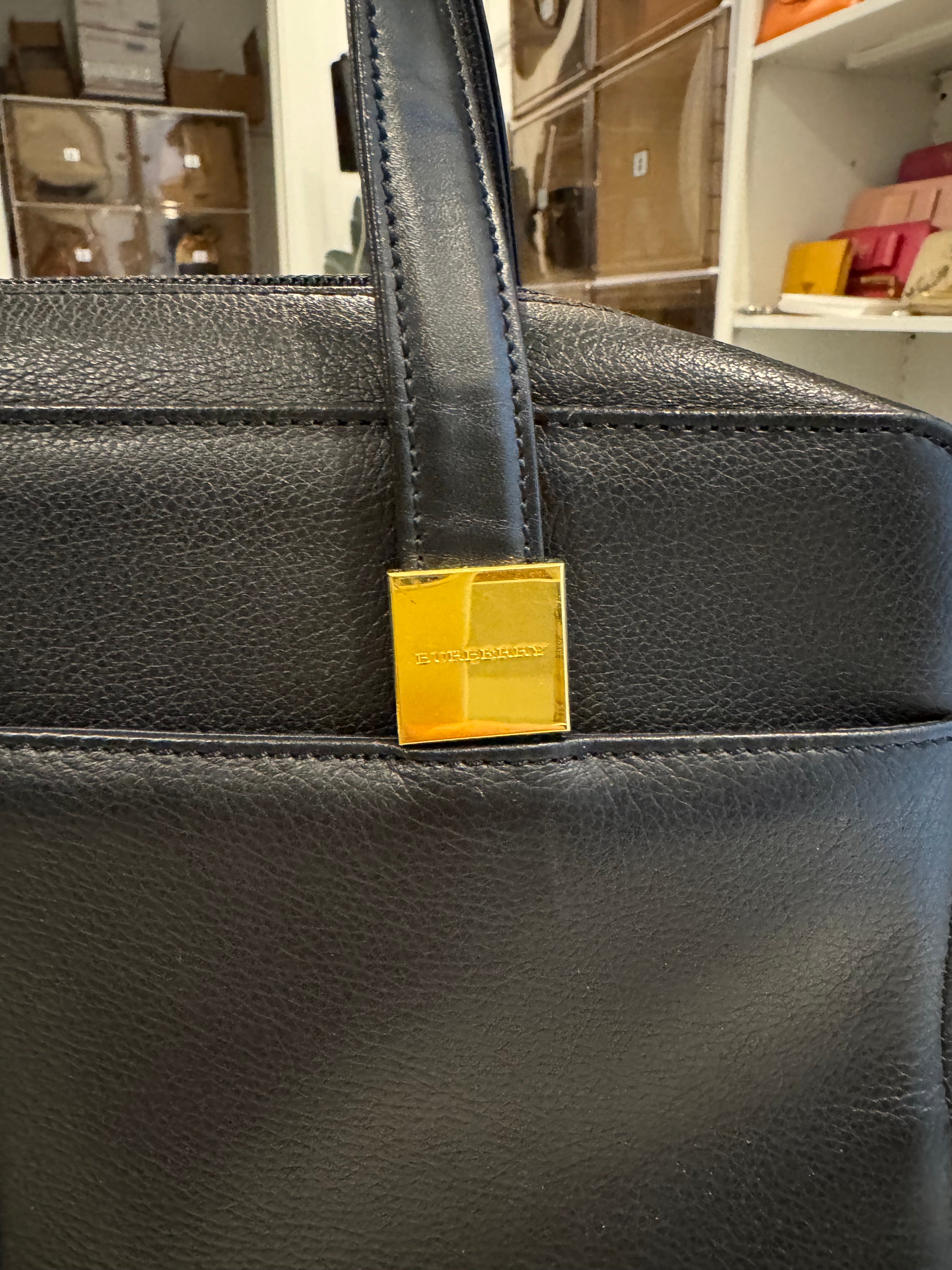 Burberry Black Leather Handbag with Nova Check Lining | Authentic Designer Bag