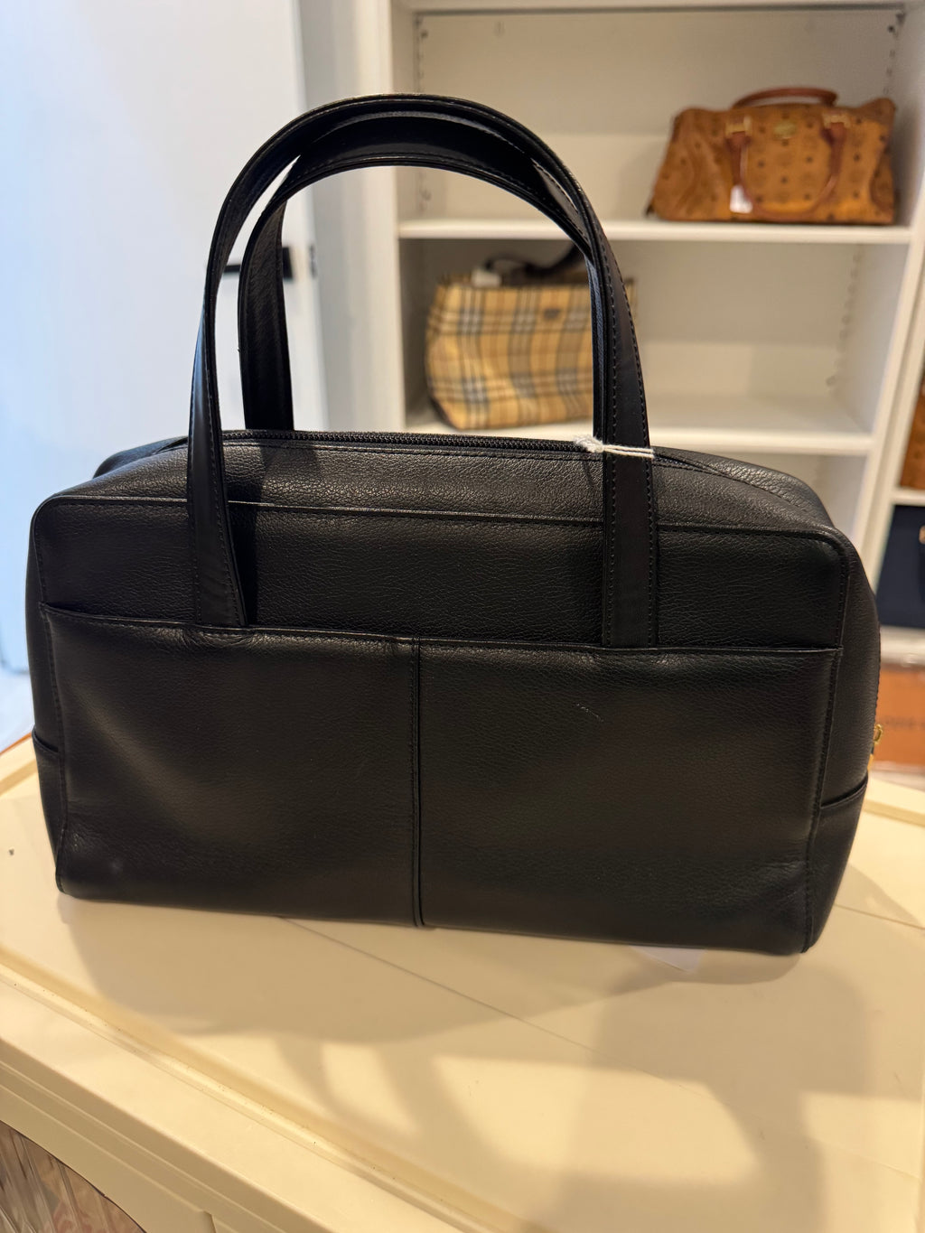 Burberry Black Leather Handbag with Nova Check Lining | Authentic Designer Bag