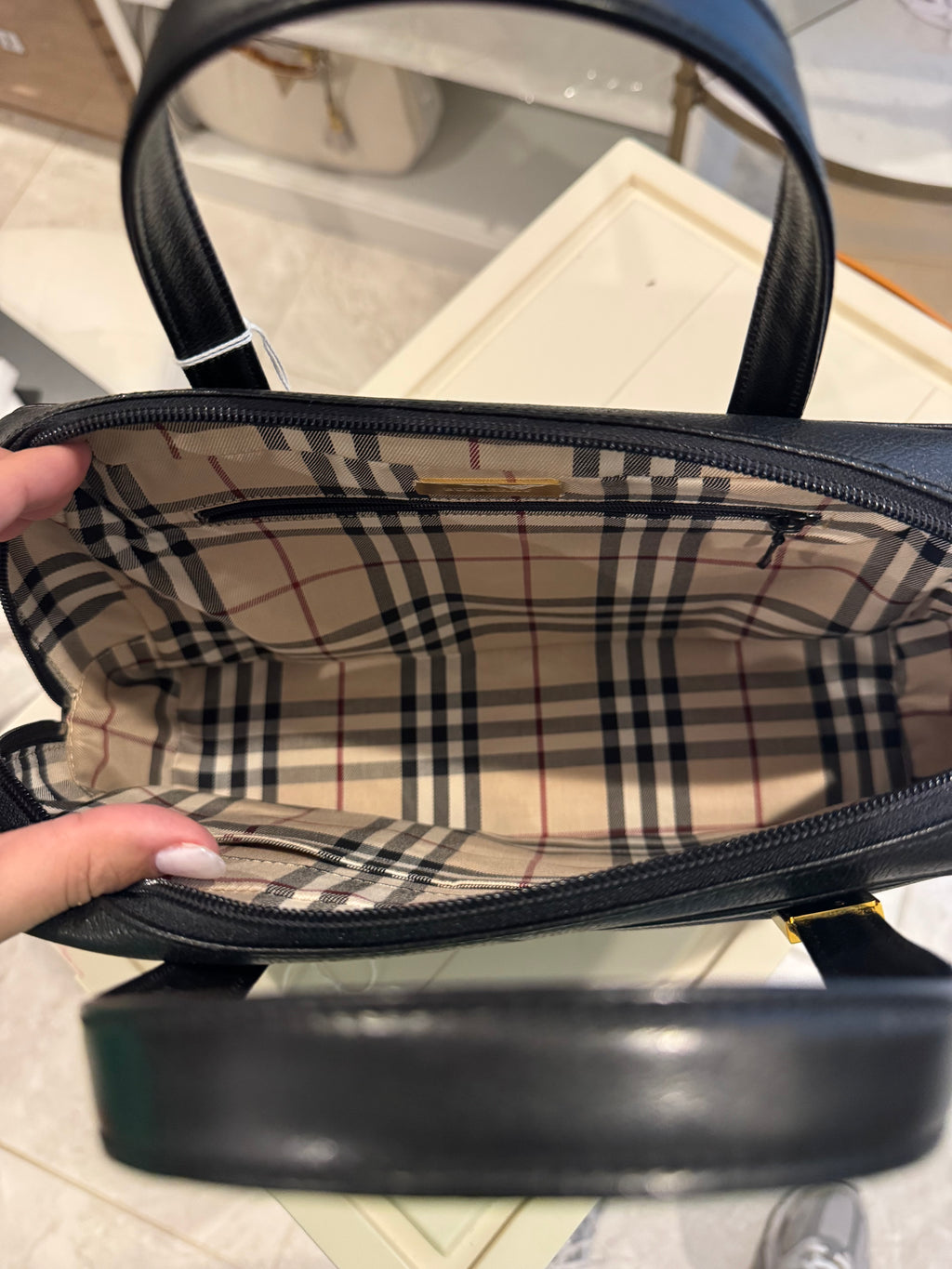 Burberry Black Leather Handbag with Nova Check Lining | Authentic Designer Bag