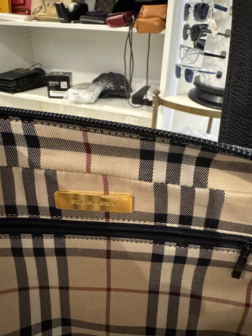 Burberry Black Leather Handbag with Nova Check Lining | Authentic Designer Bag