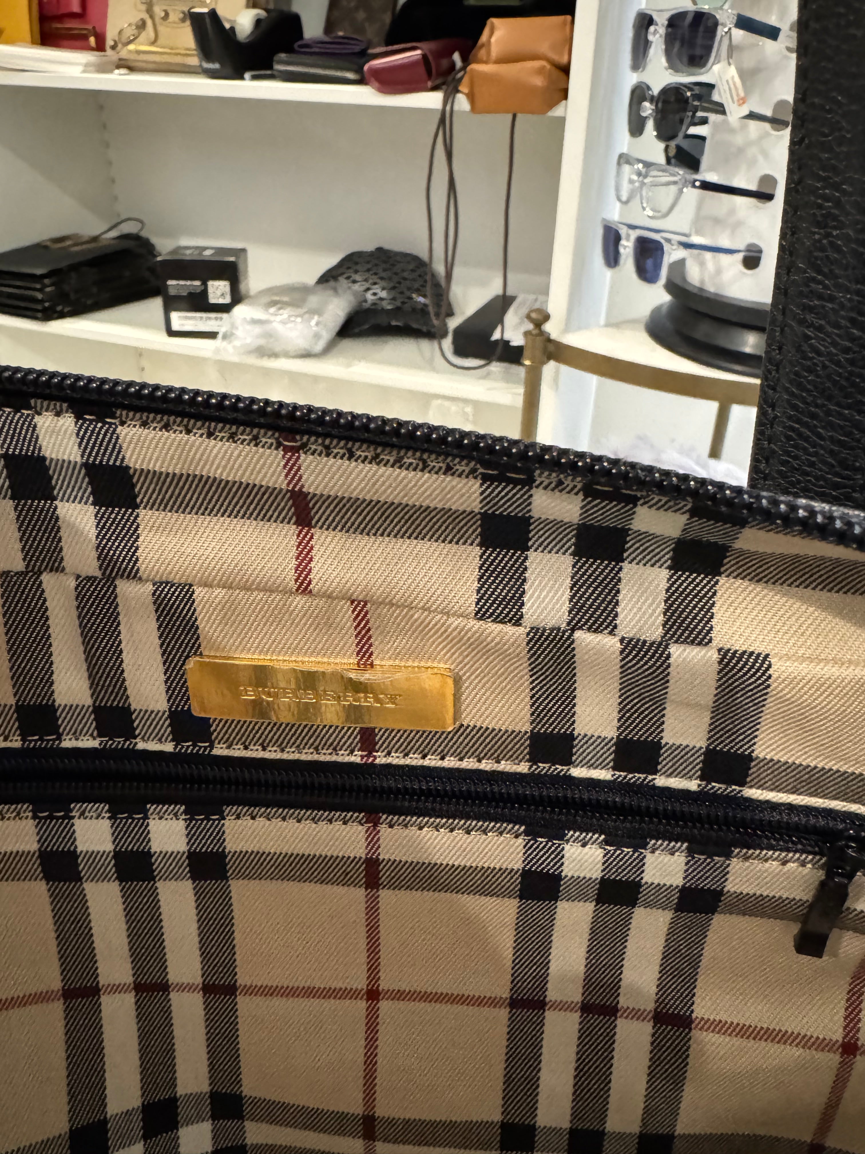 Burberry Black Leather Handbag with Nova Check Lining | Authentic Designer Bag