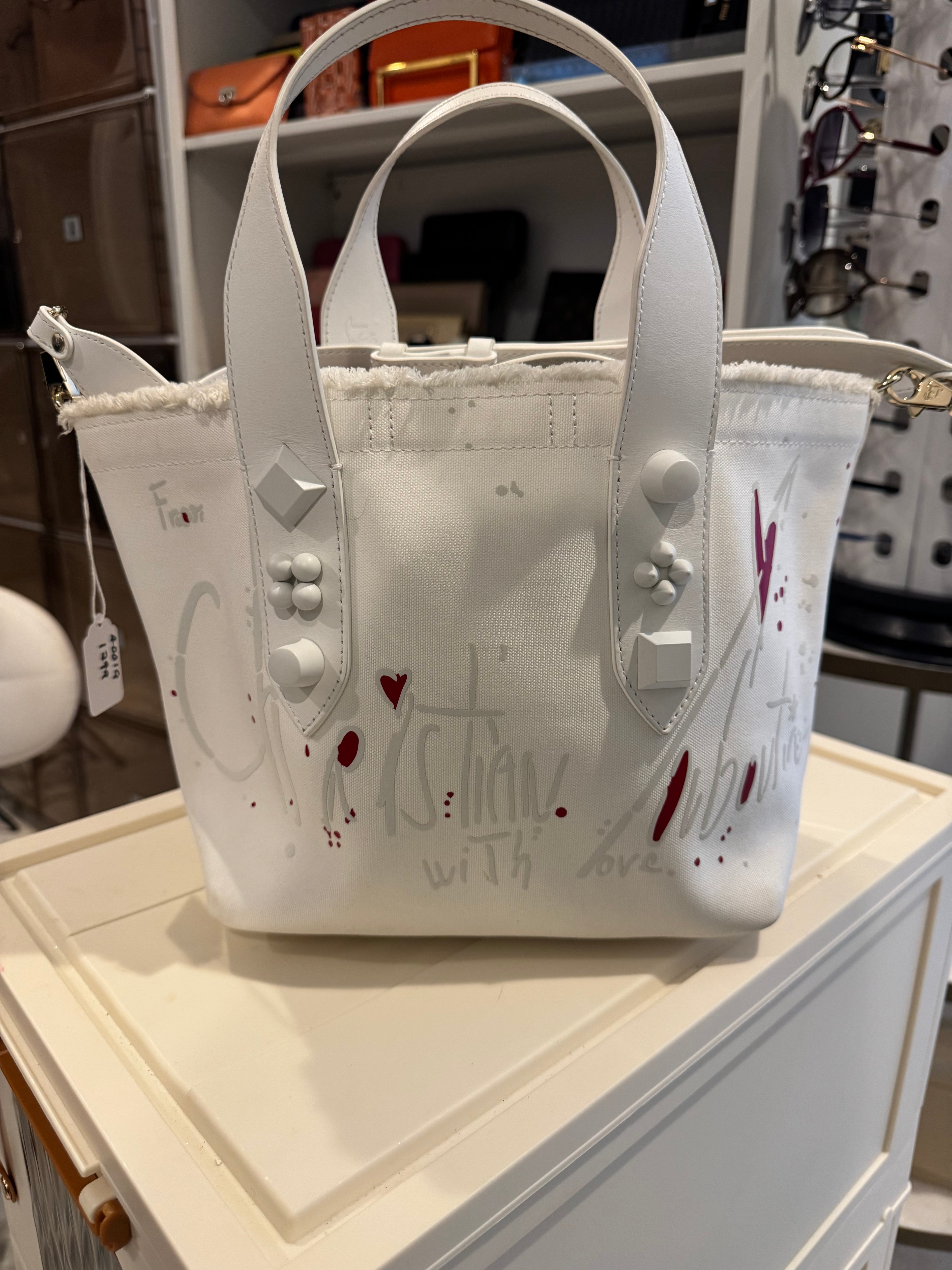 Christian Louboutin Cabata Tote – White Canvas Graffiti “It’s Time With Love”