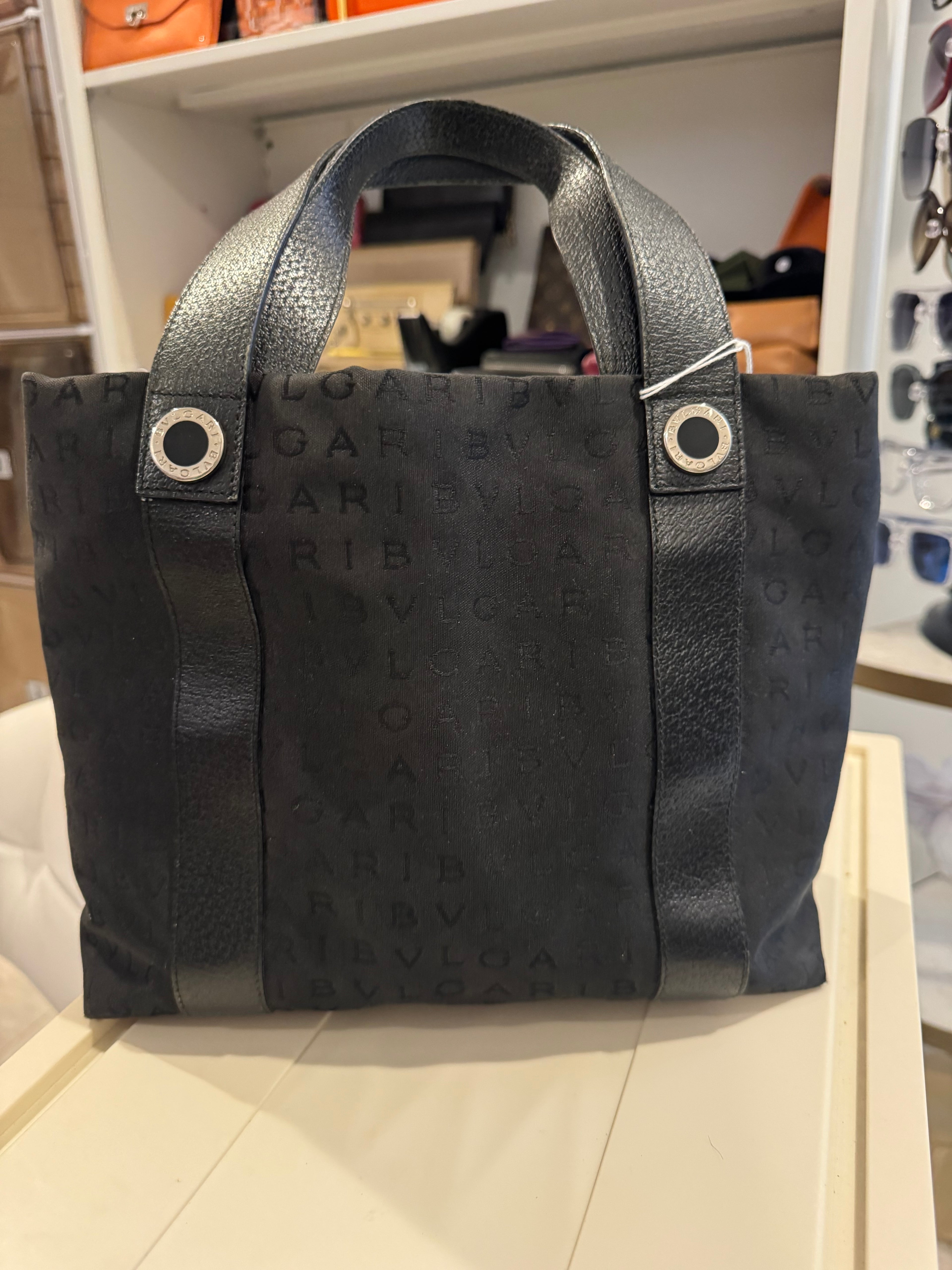 BVLGARI Black Logo Jacquard Tote with Leather Trim