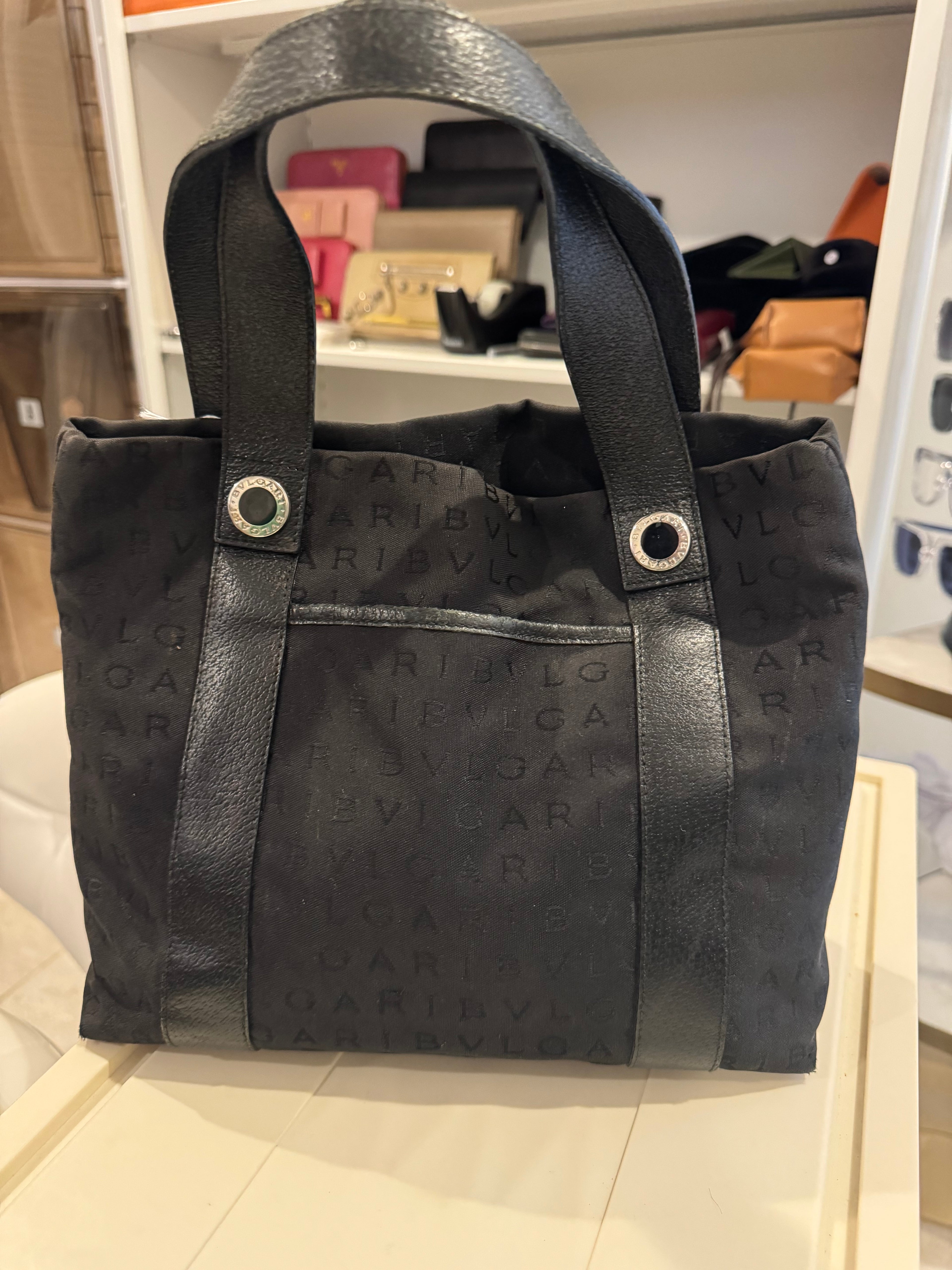 BVLGARI Black Logo Jacquard Tote with Leather Trim