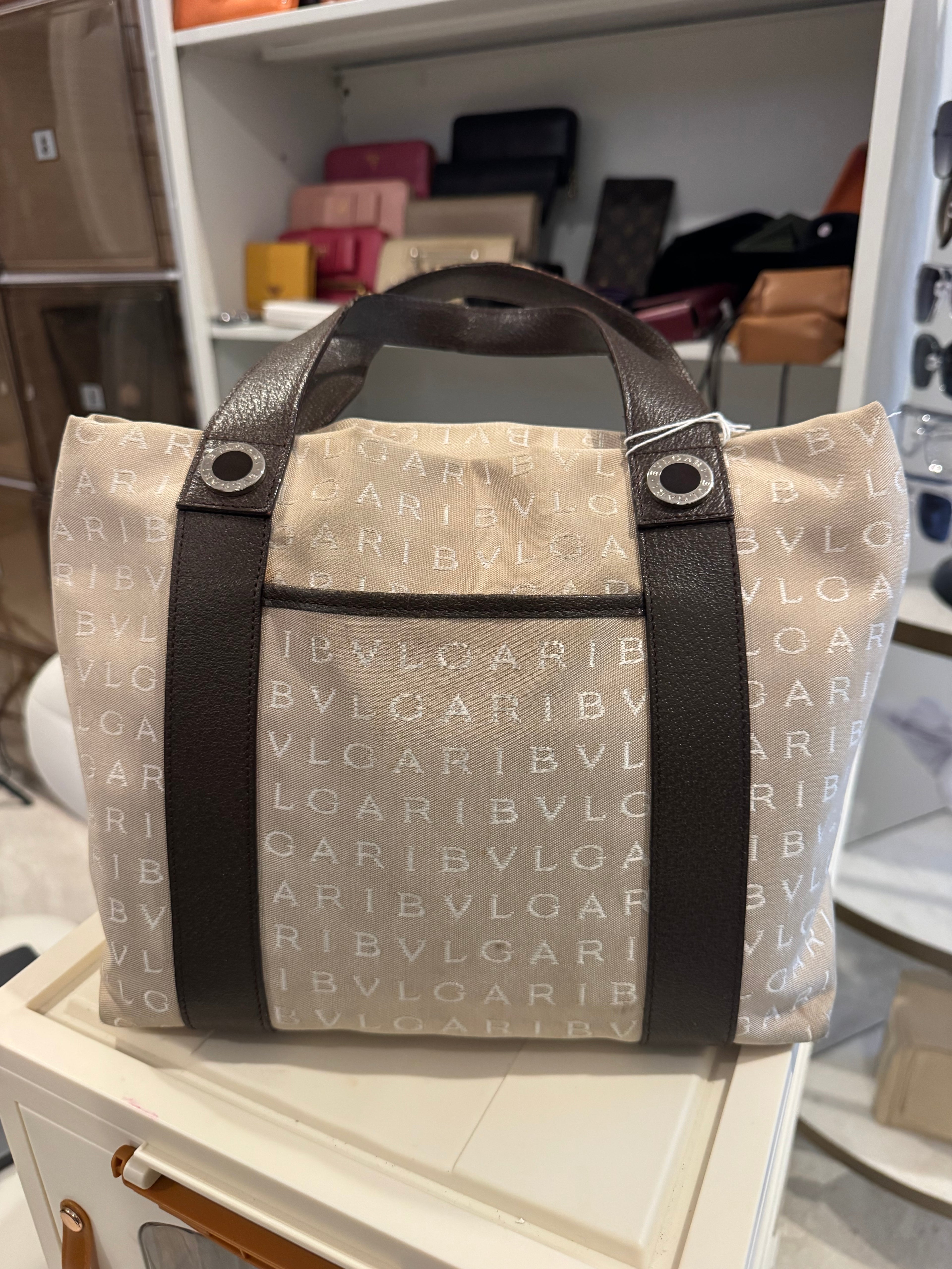 Bulgari BVLGARI Logo Canvas Tote Bag – Beige & Brown Leather – Italy