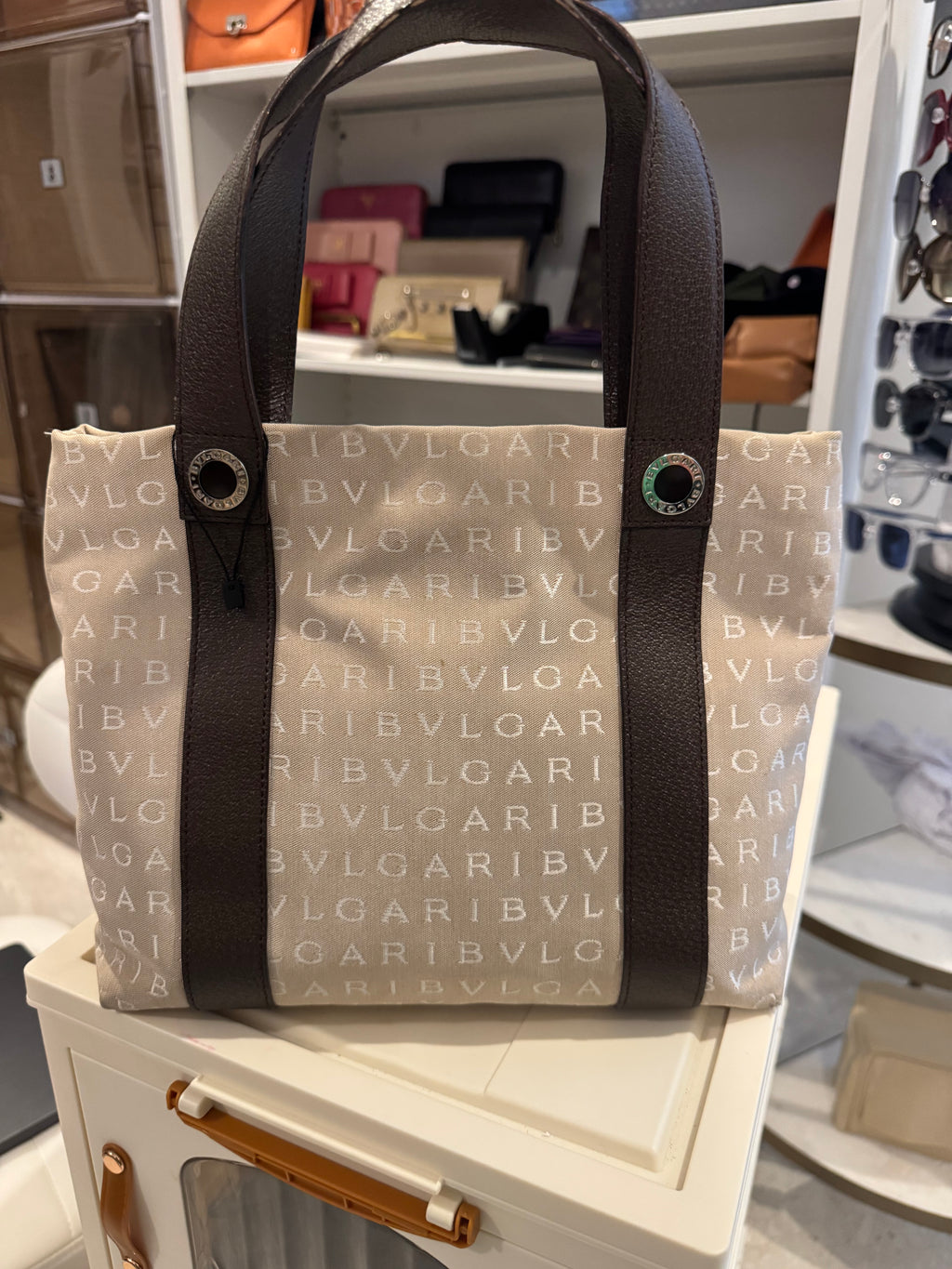 Bulgari BVLGARI Logo Canvas Tote Bag – Beige & Brown Leather – Italy