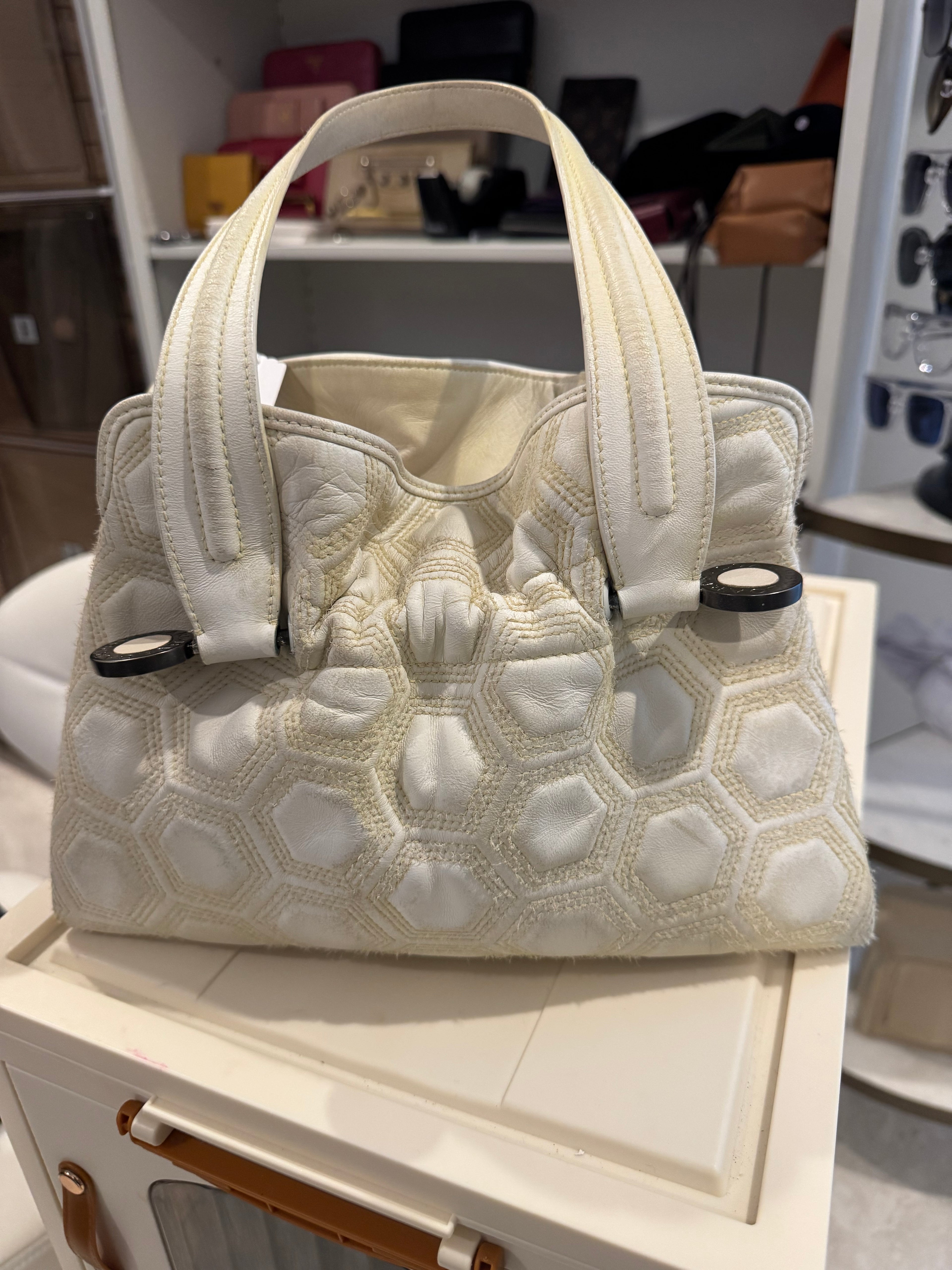 Bvlgari Ivory Quilted Leather Tote Bag – Logo Hardware, Luxury Designer Handbag
