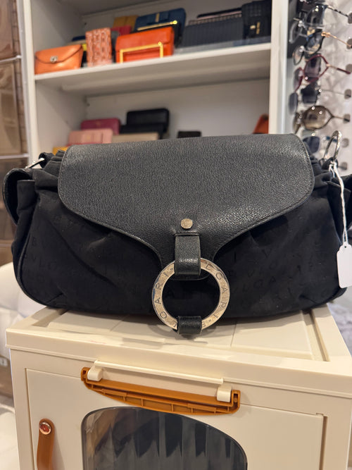 Bulgari Black Logo Jacquard Leather Shoulder Bag