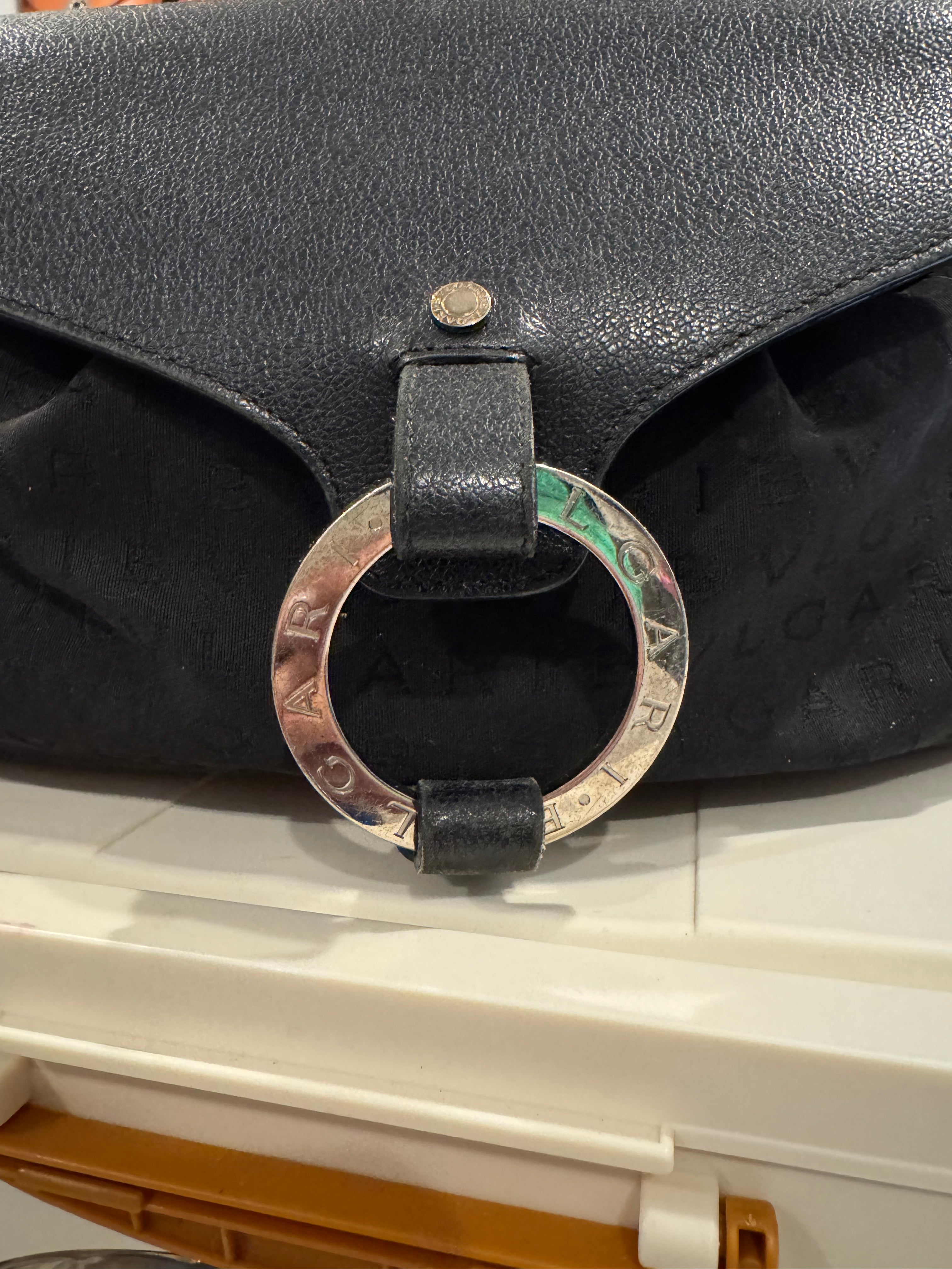 Bulgari Black Logo Jacquard Leather Shoulder Bag