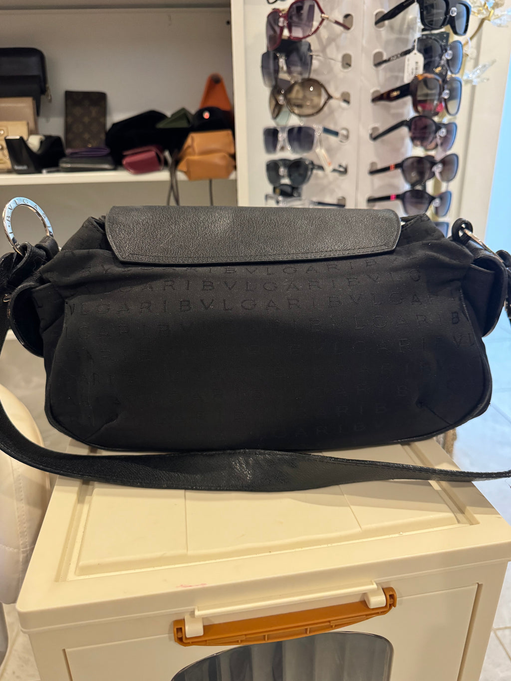 Bulgari Black Logo Jacquard Leather Shoulder Bag