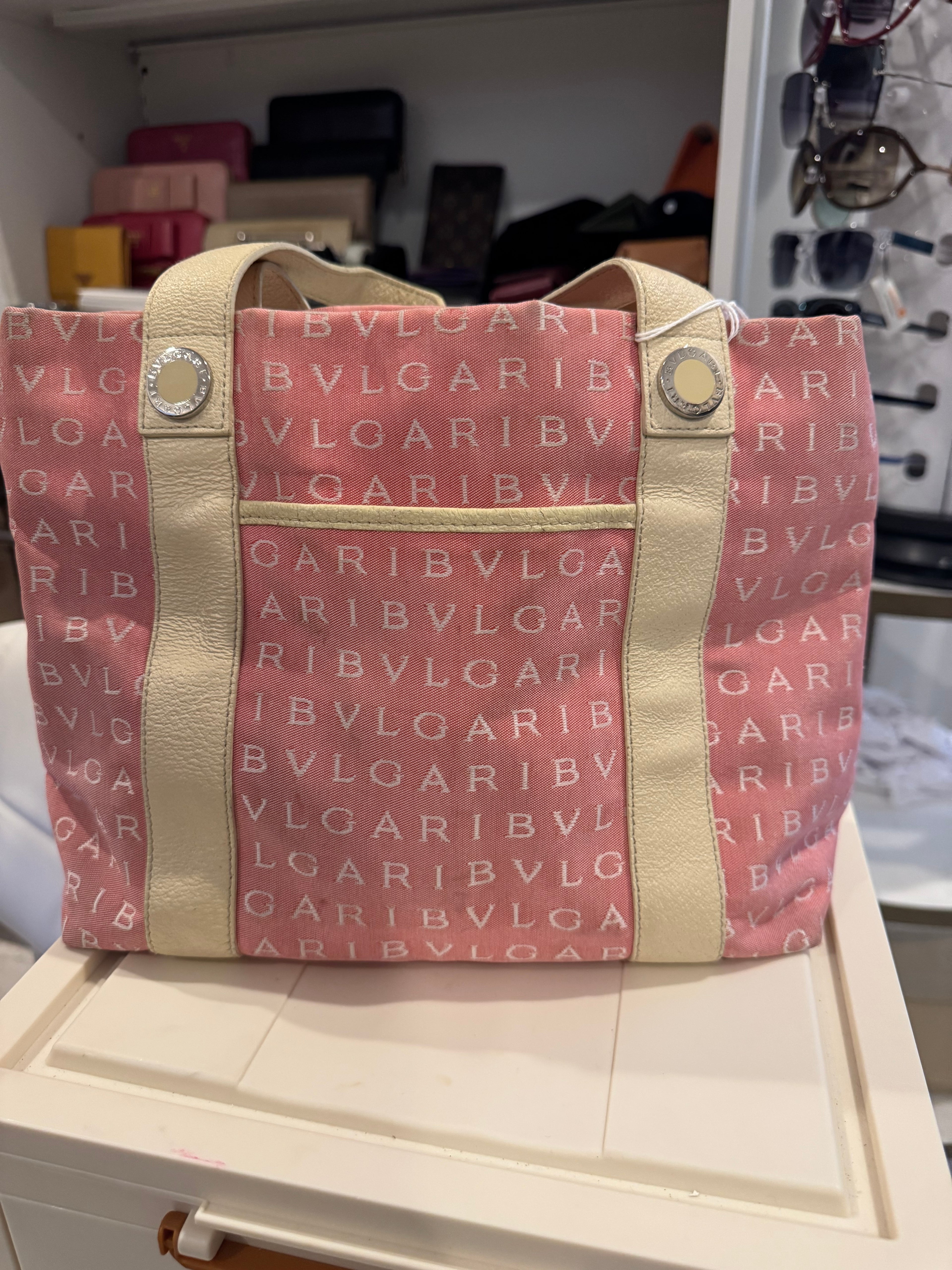 BVLGARI Pink Logo Canvas Tote Bag with Leather Handles