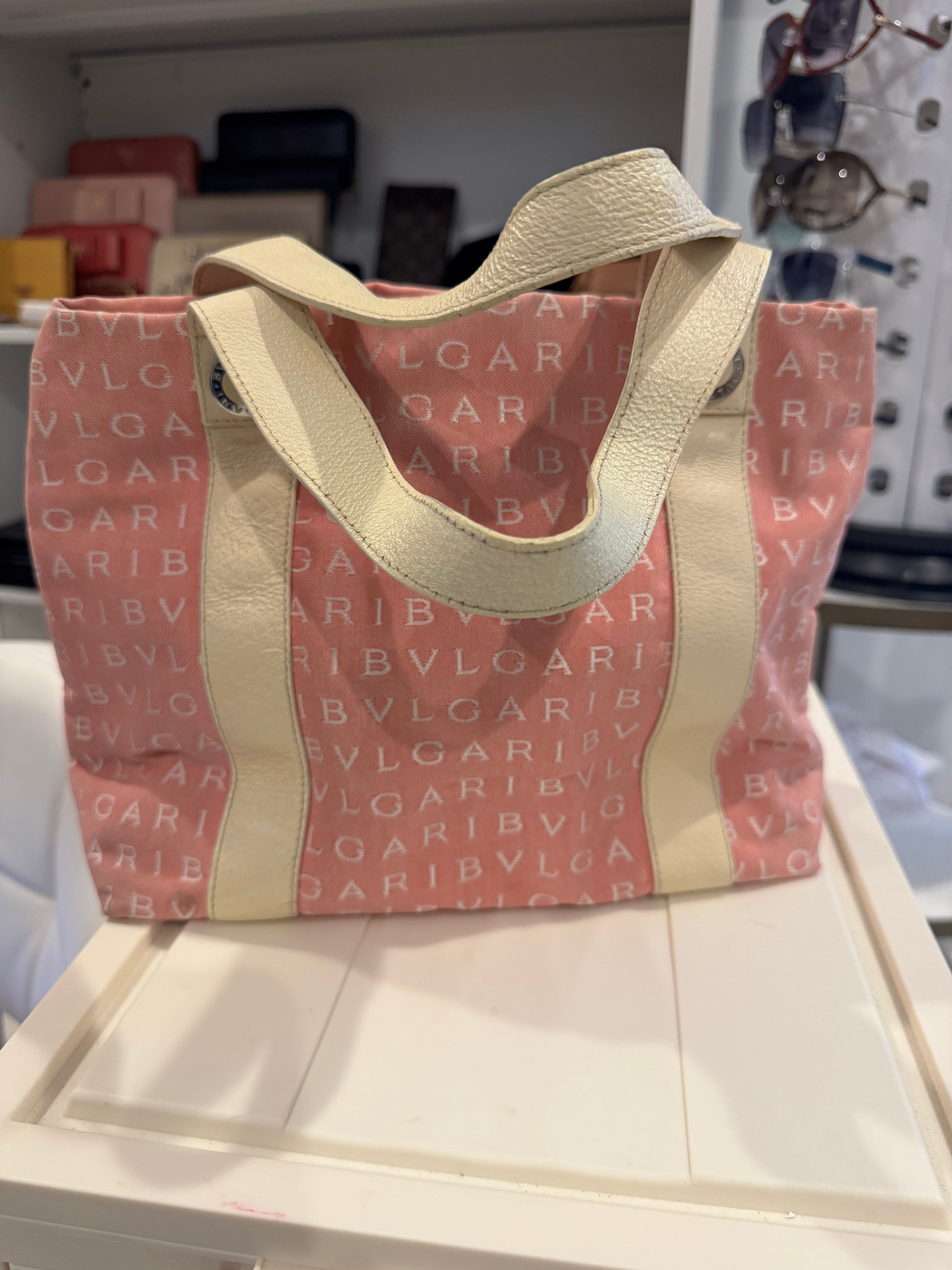 BVLGARI Pink Logo Canvas Tote Bag with Leather Handles