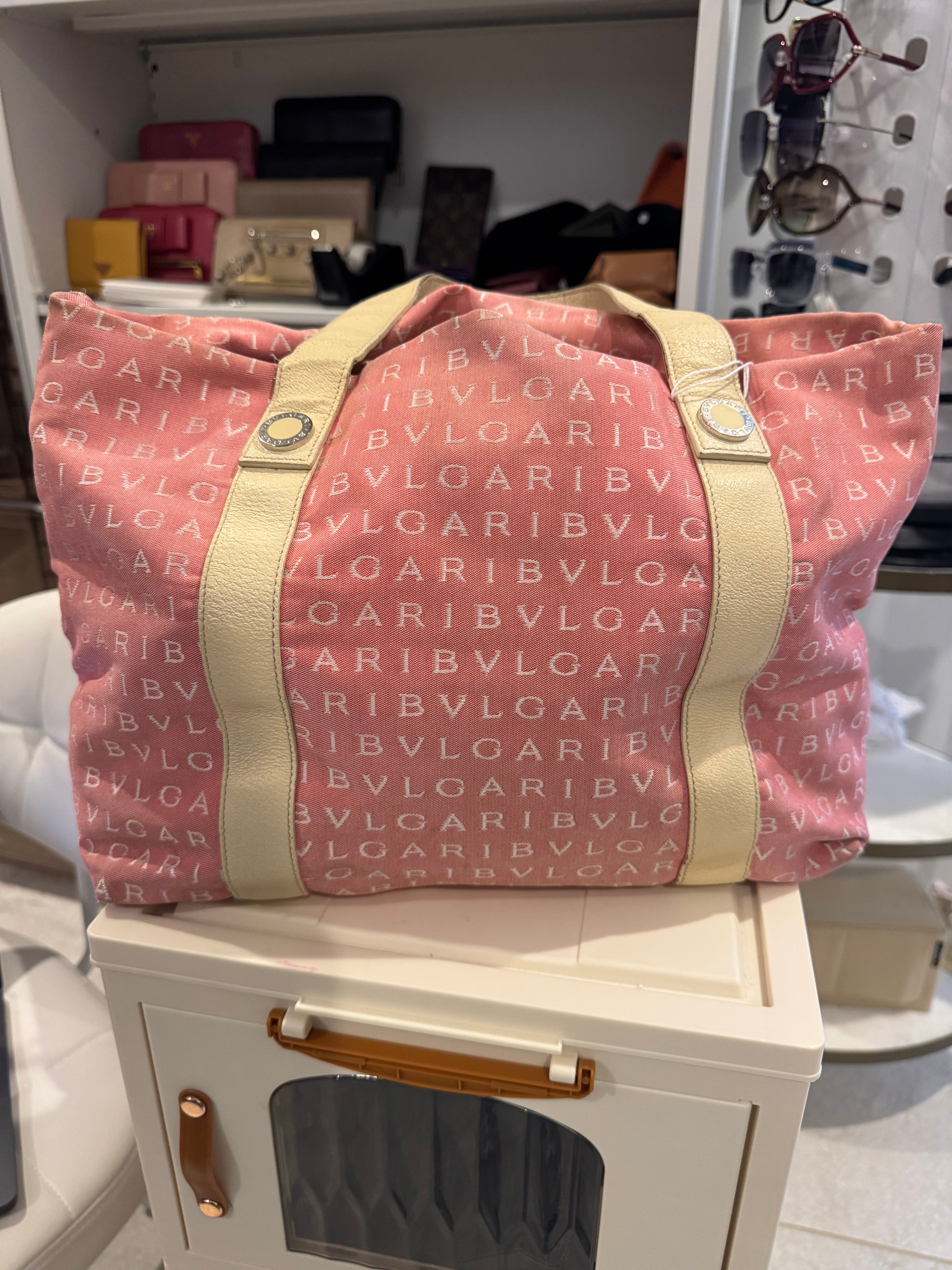 BVLGARI Large Pink Logo Canvas Tote Bag with Beige Leather Handles