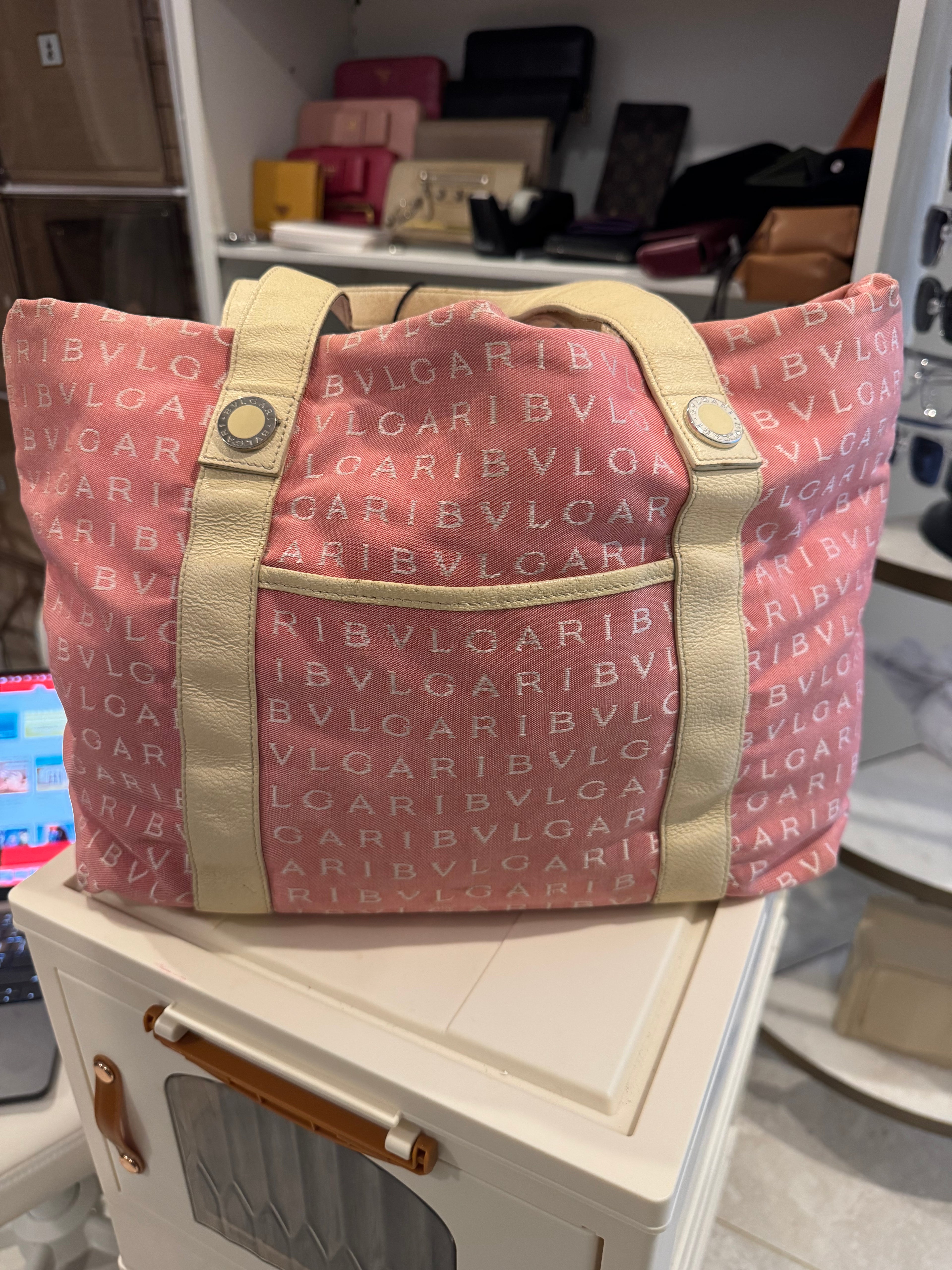 BVLGARI Large Pink Logo Canvas Tote Bag with Beige Leather Handles