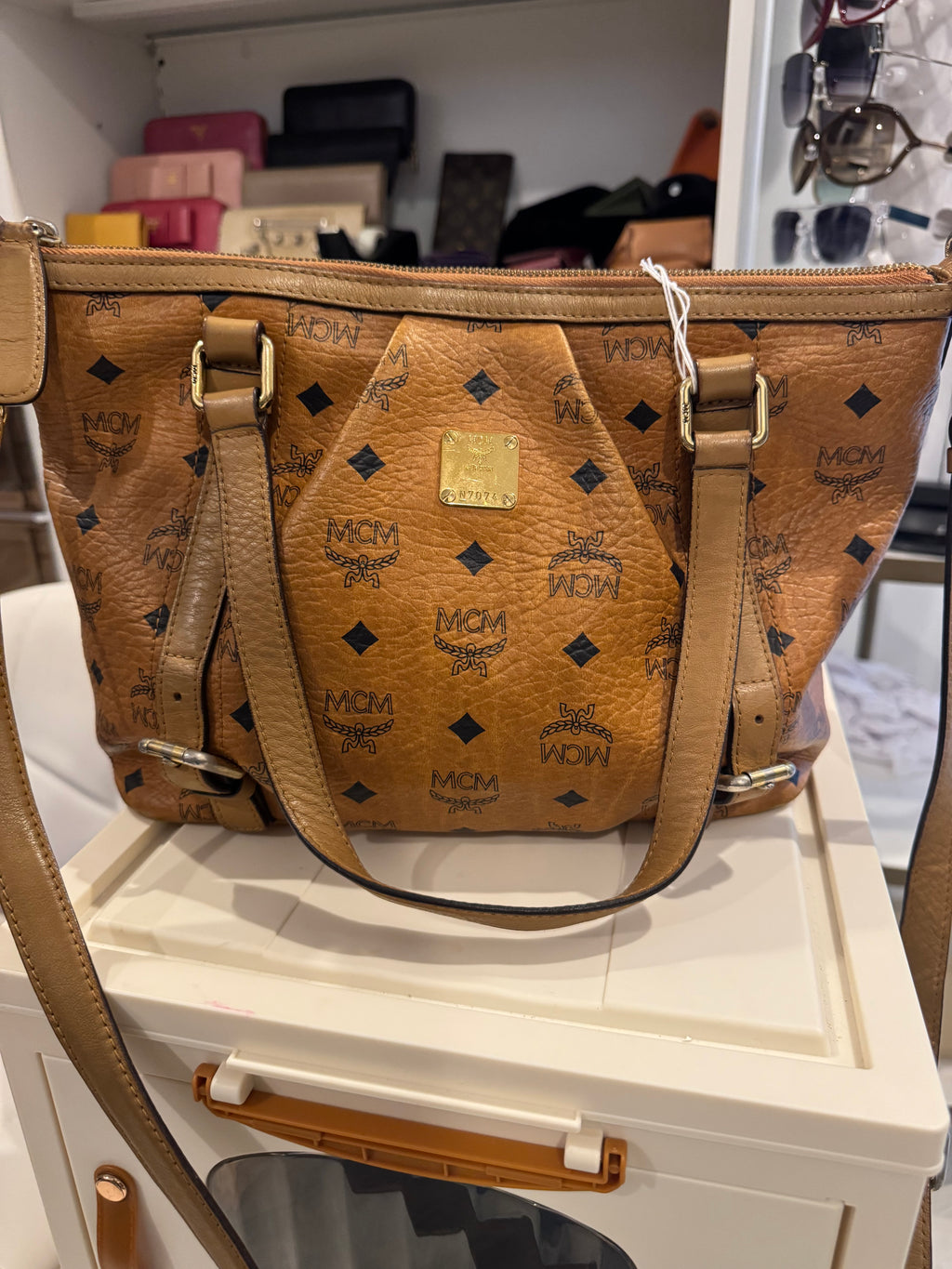 MCM Visetos Leather Tote Shoulder Bag Cognac Tan Logo München