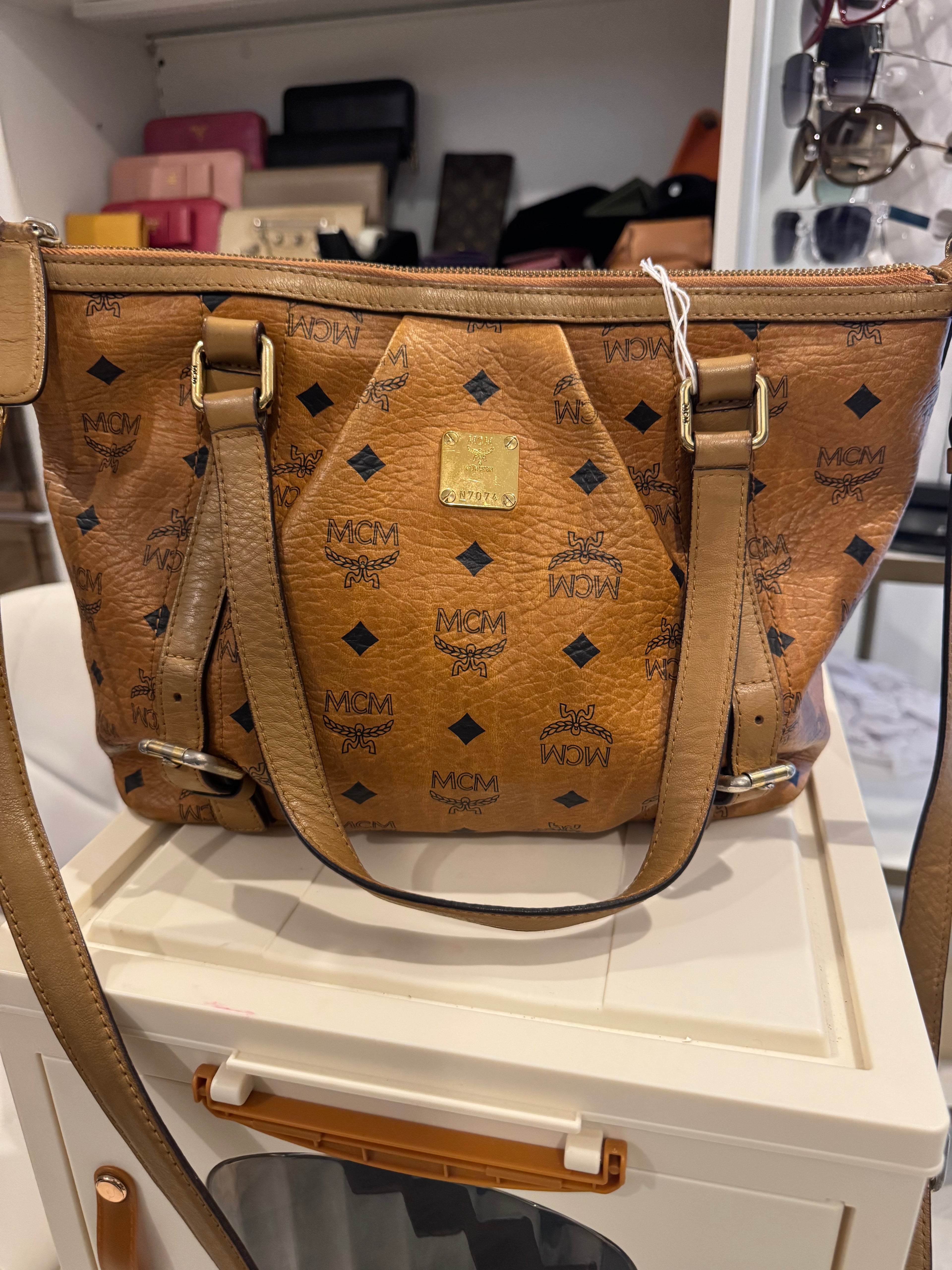 MCM Visetos Leather Tote Shoulder Bag Cognac Tan Logo München