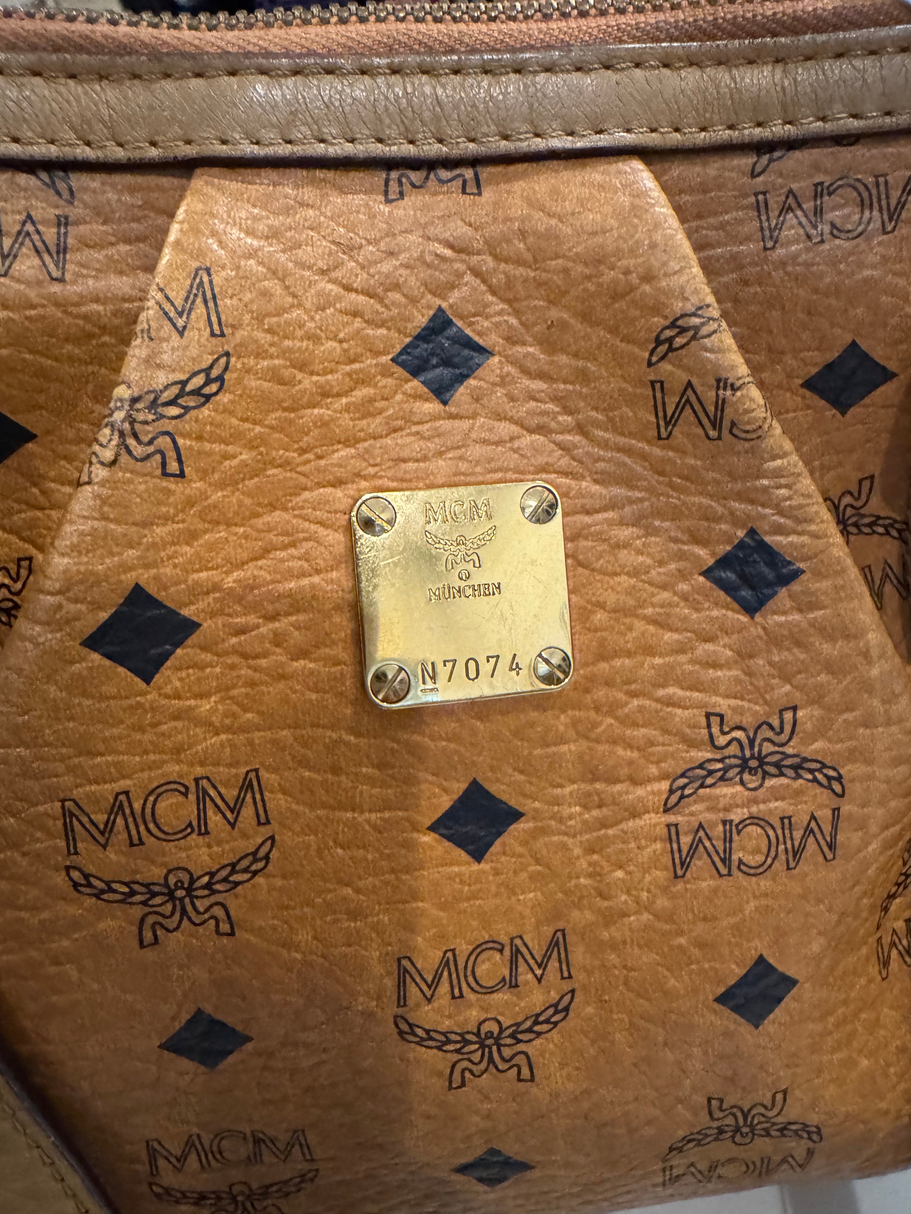 MCM Visetos Leather Tote Shoulder Bag Cognac Tan Logo München