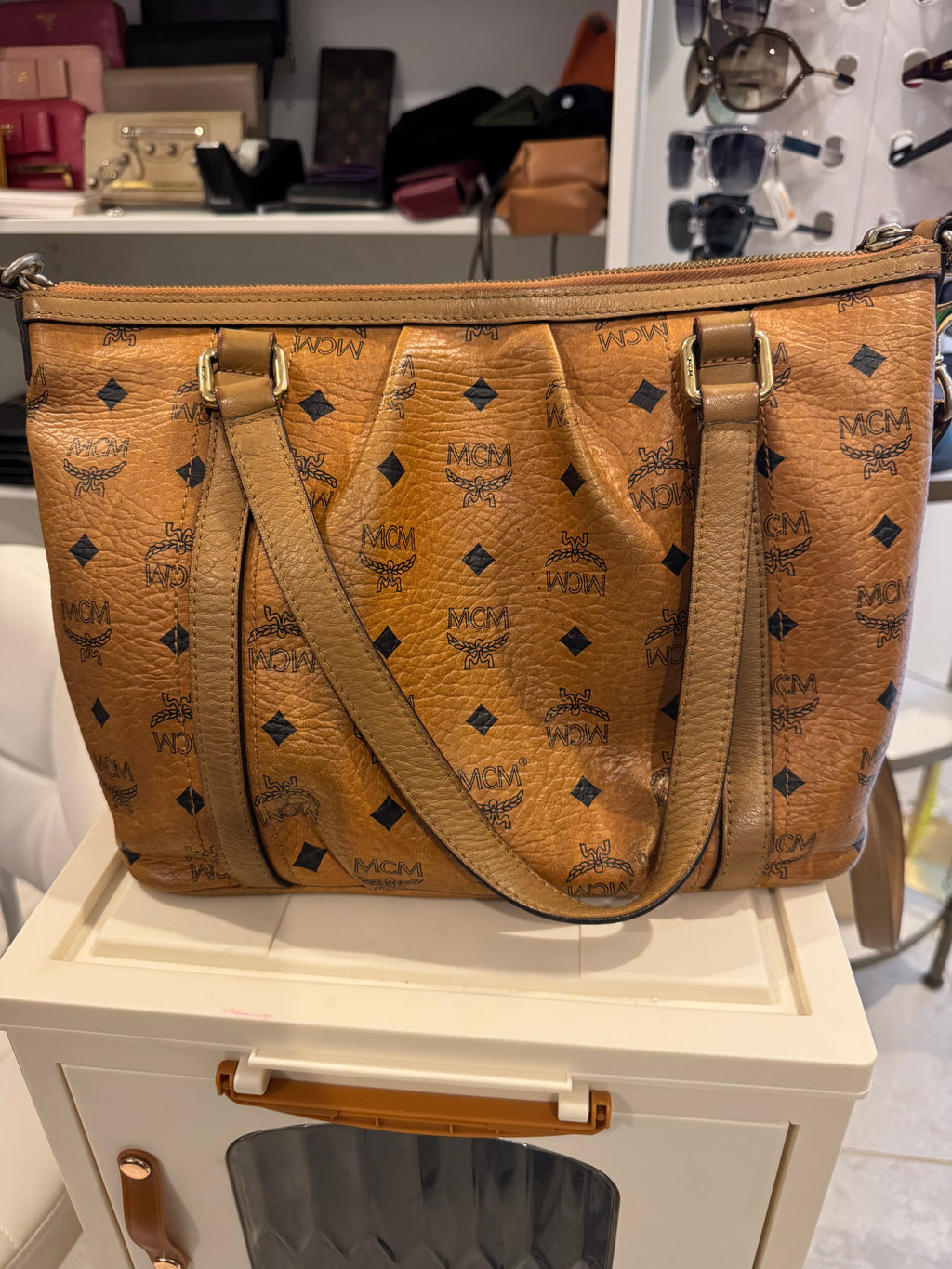 MCM Visetos Leather Tote Shoulder Bag Cognac Tan Logo München