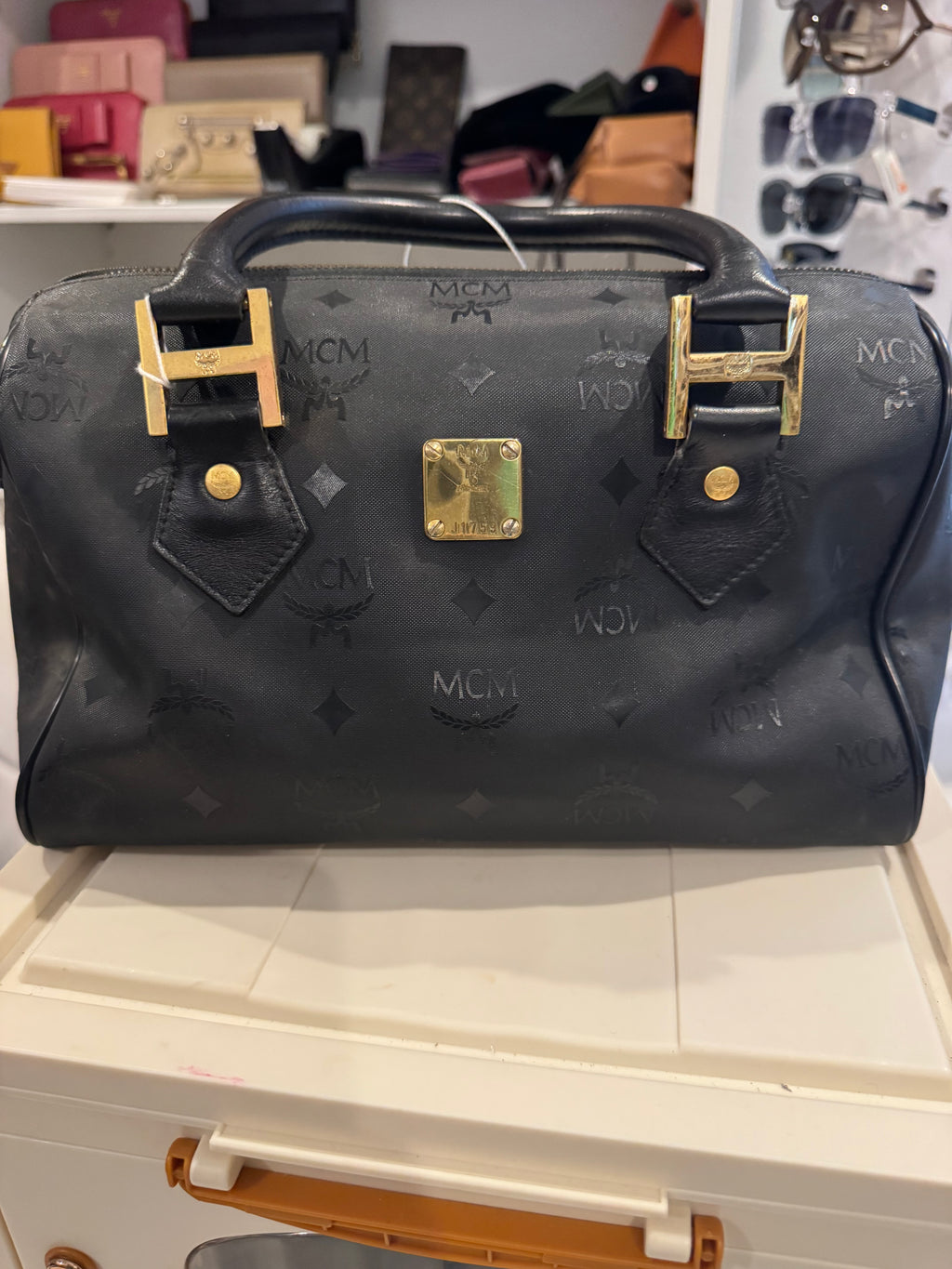MCM Black Visetos Boston Satchel Bag Leather Trim Gold Hardware