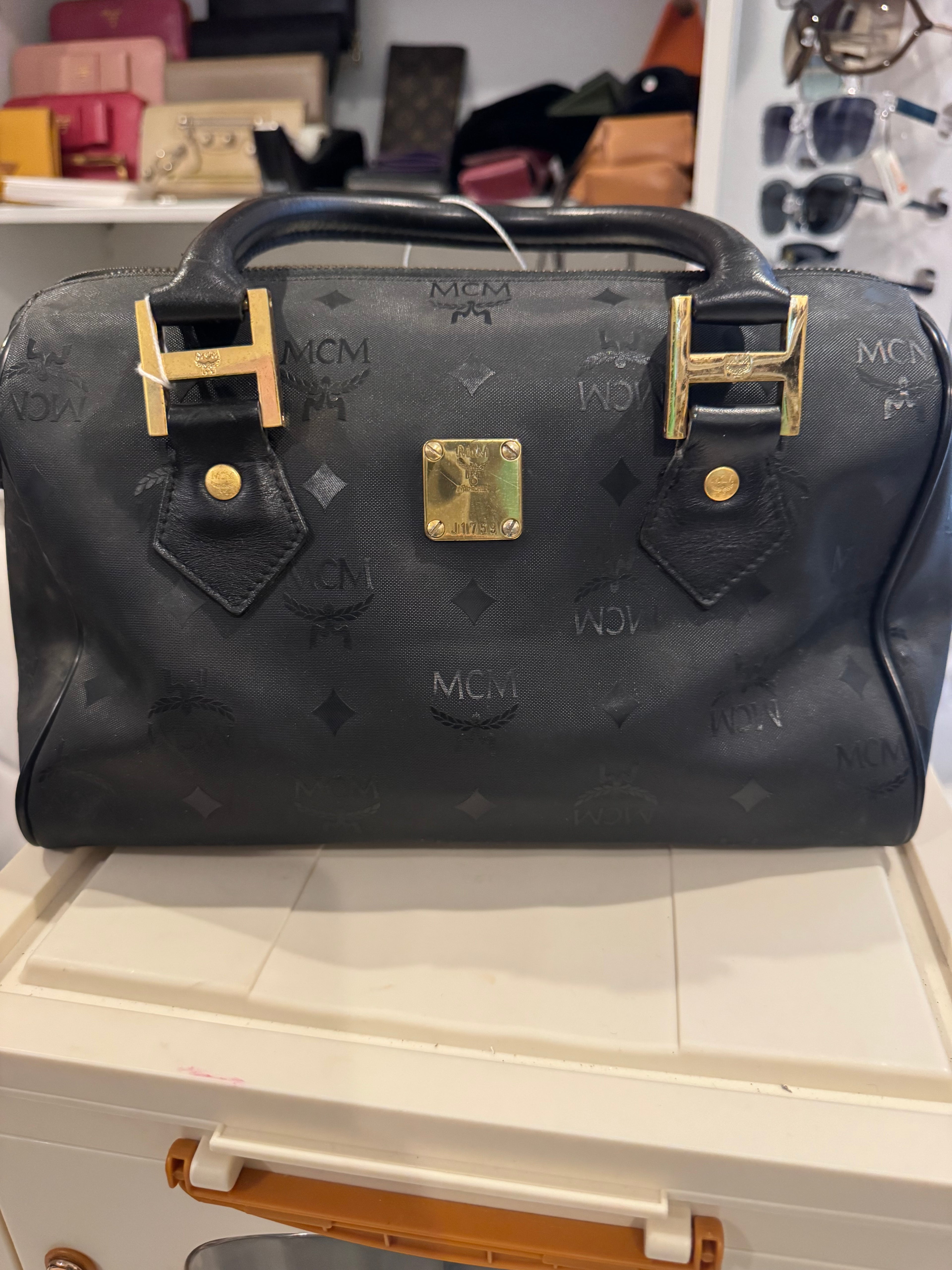 MCM Black Visetos Boston Satchel Bag Leather Trim Gold Hardware