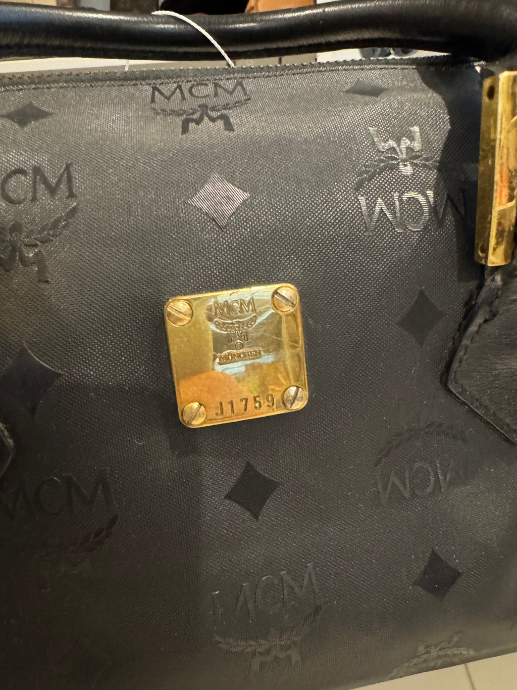 MCM Black Visetos Boston Satchel Bag Leather Trim Gold Hardware